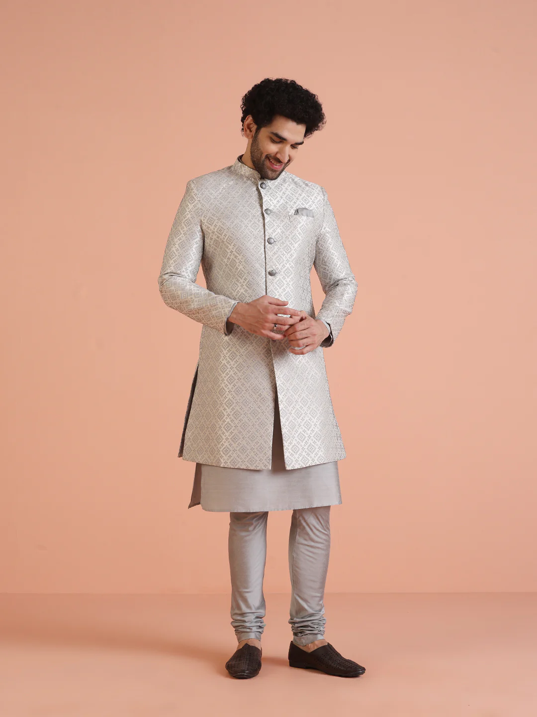 Silver Woven Sherwani Set with Kurta Churidar - Image 3
