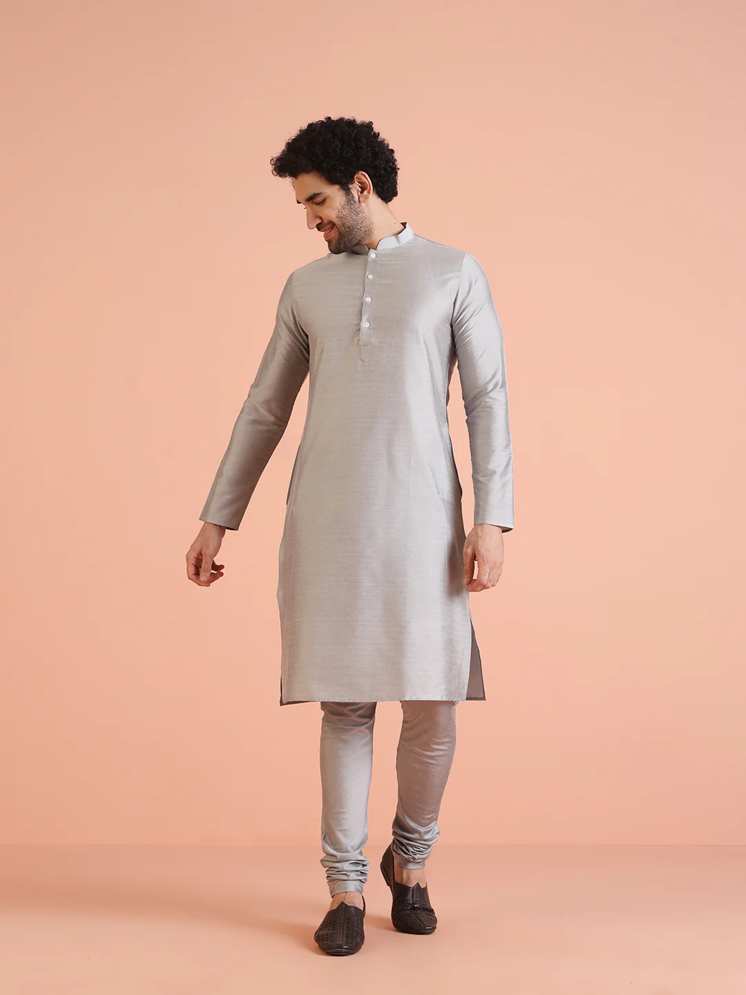 Silver Woven Sherwani Set with Kurta Churidar - Image 9