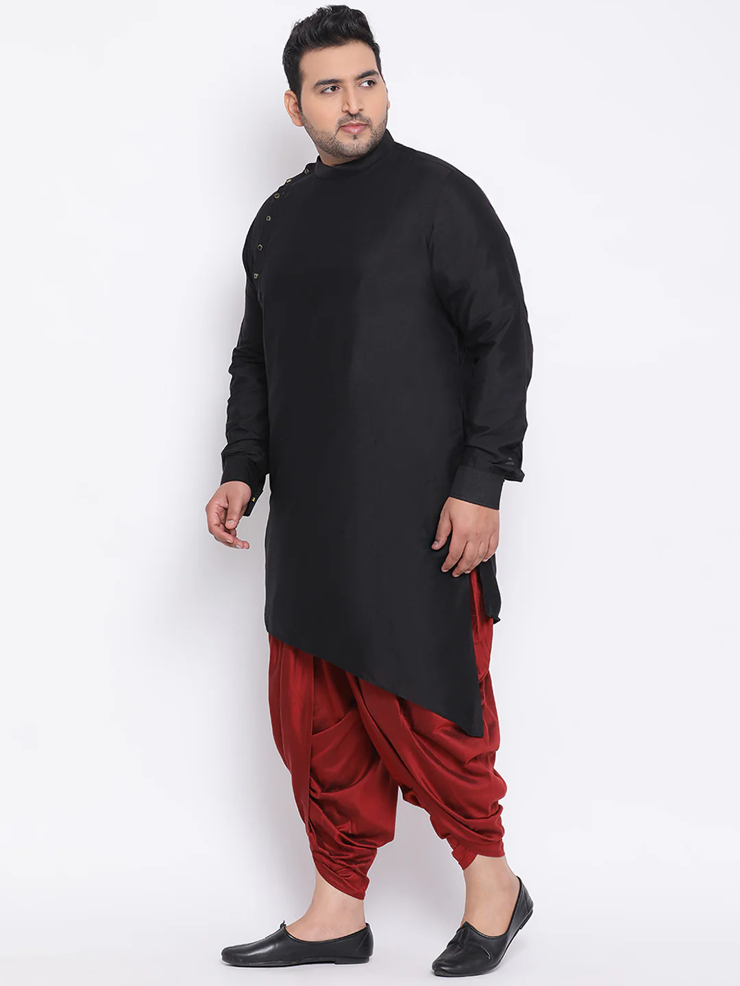 Men Black Solid Asymmetrical Kurta Dhoti Set - Image 2