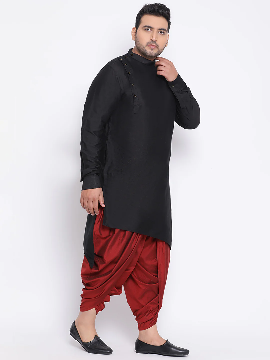 Men Black Solid Asymmetrical Kurta Dhoti Set - Image 3