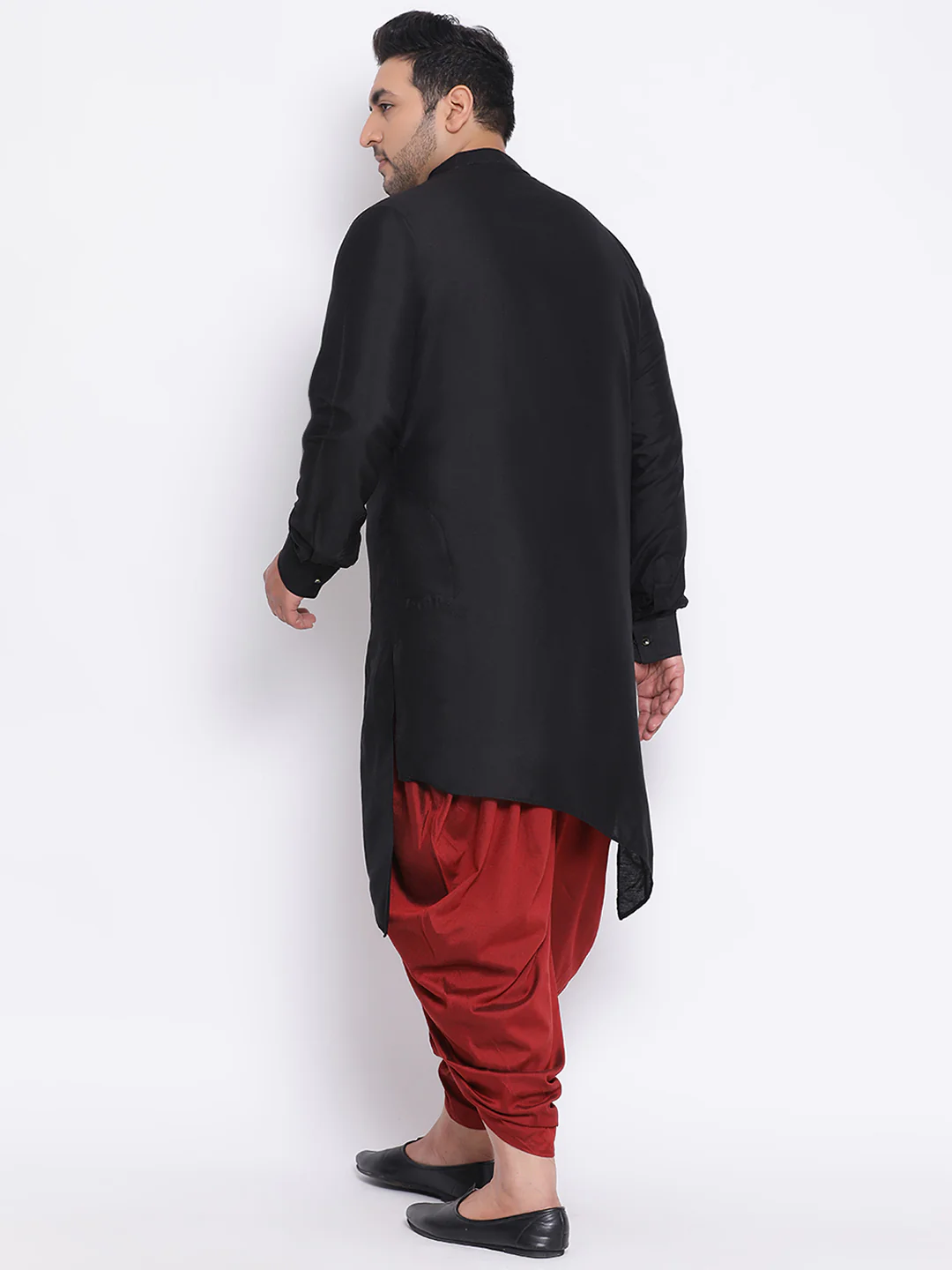 Men Black Solid Asymmetrical Kurta Dhoti Set - Image 4