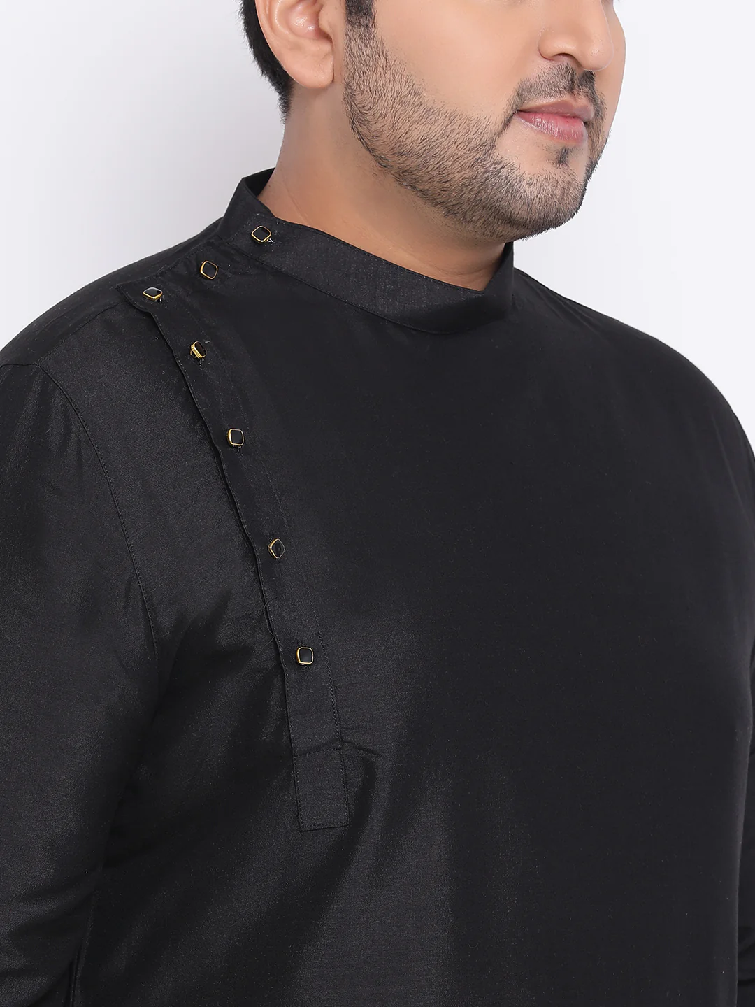 Men Black Solid Asymmetrical Kurta Dhoti Set - Image 5