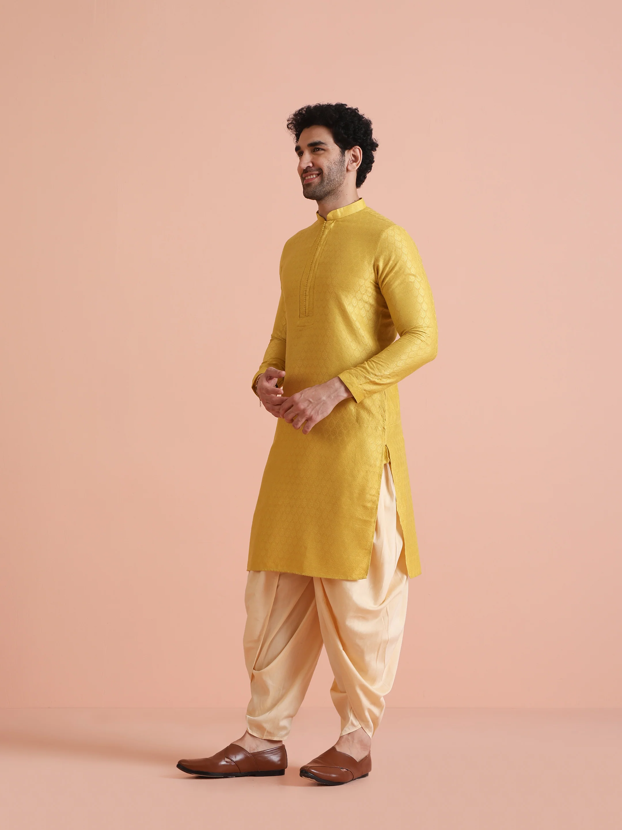 Yellow Silk Blend Jacquard Long Kurta - Image 4