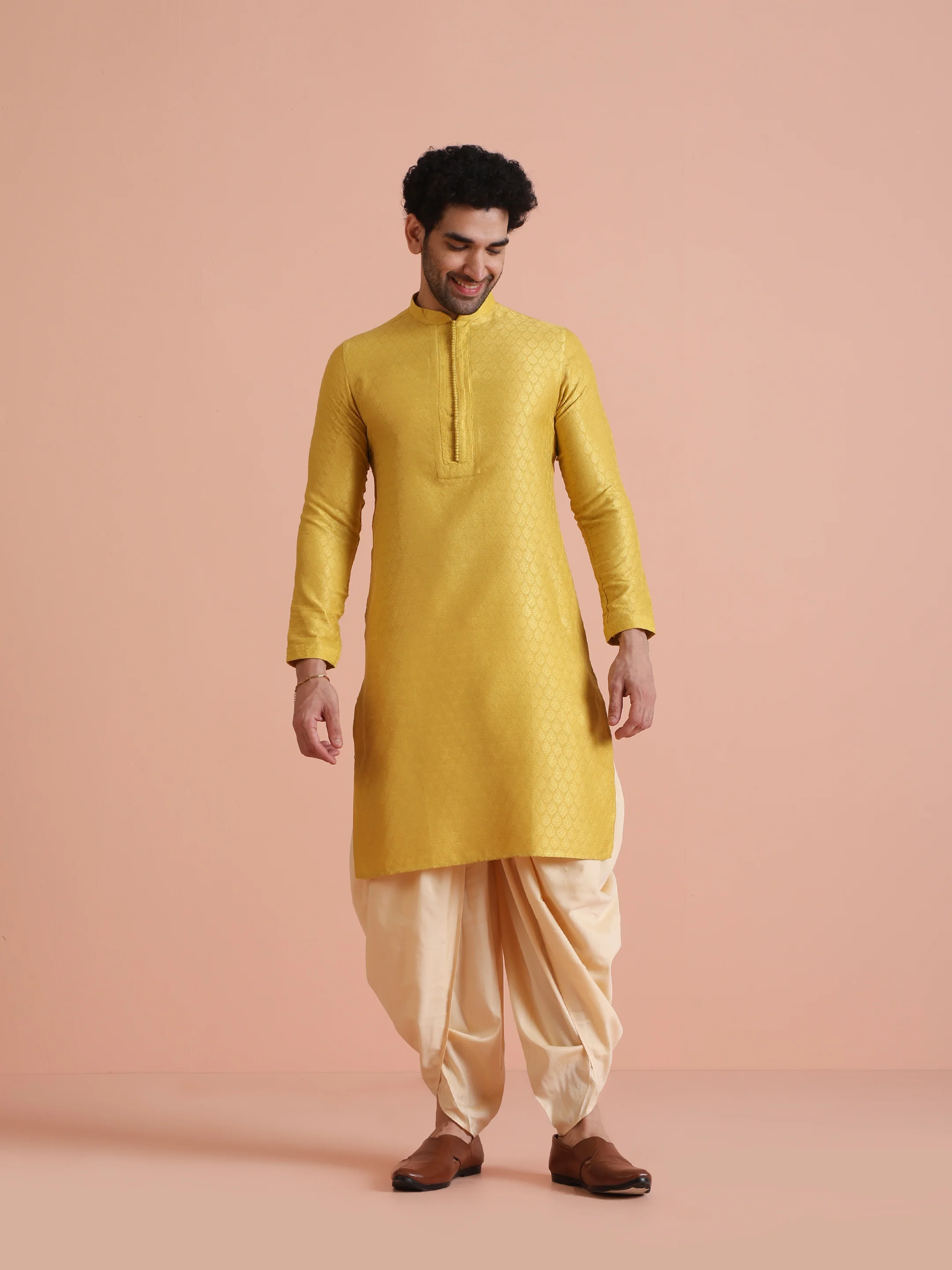 Yellow Silk Blend Jacquard Long Kurta - Image 6