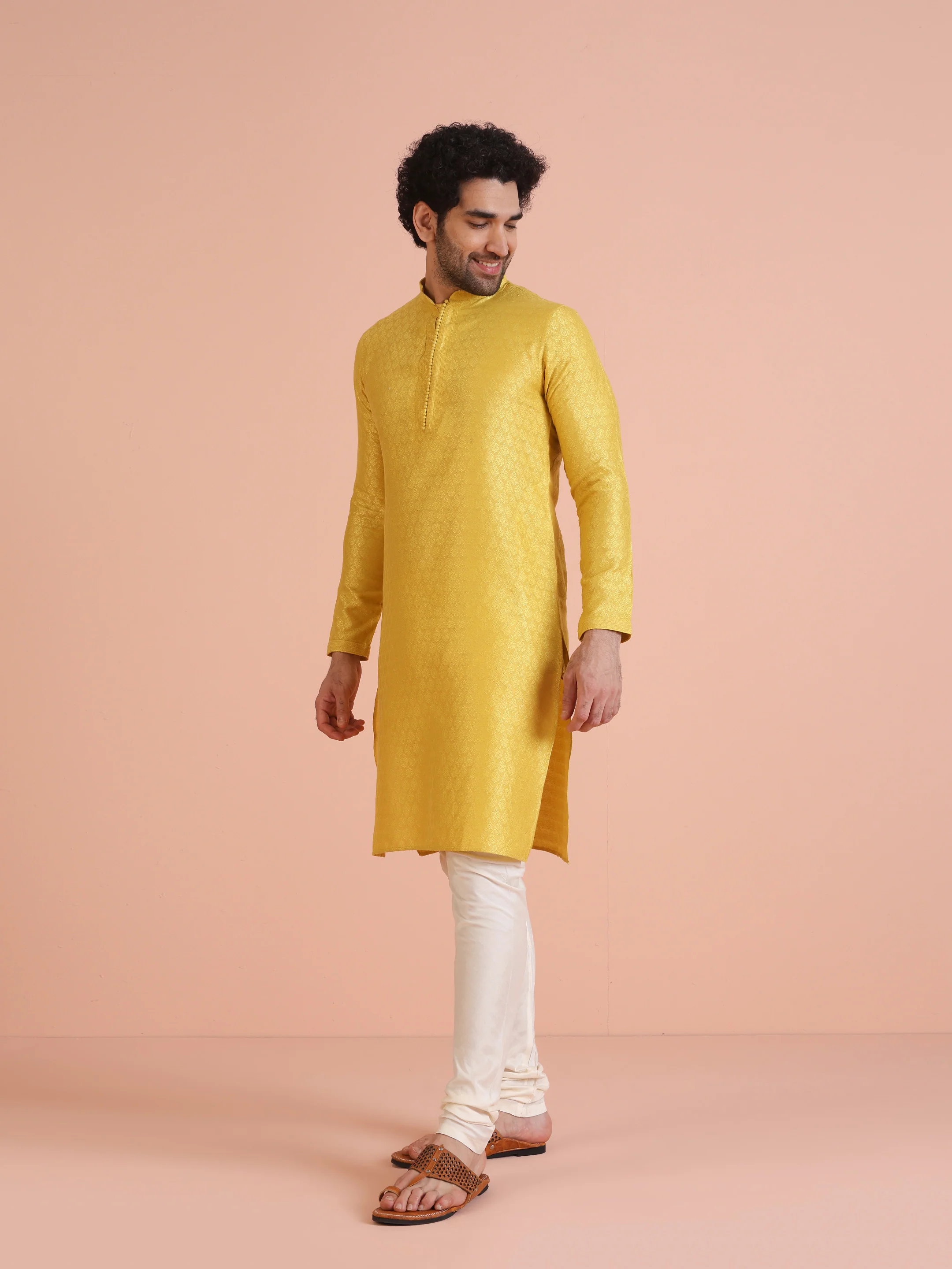 Mustard Yellow Silk Blend Kurta Churidar Set - Image 3
