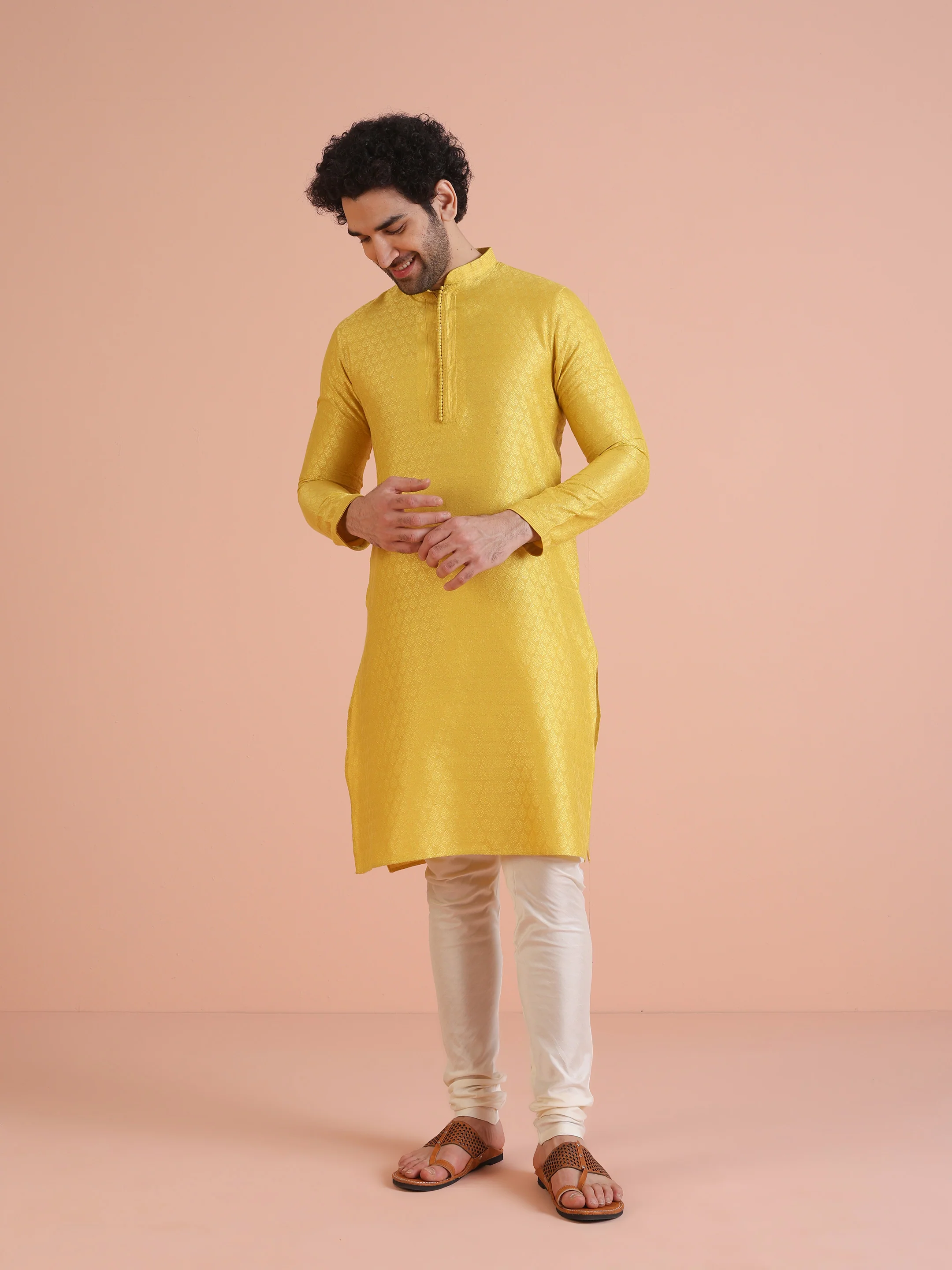 Mustard Yellow Silk Blend Kurta Churidar Set - Image 7