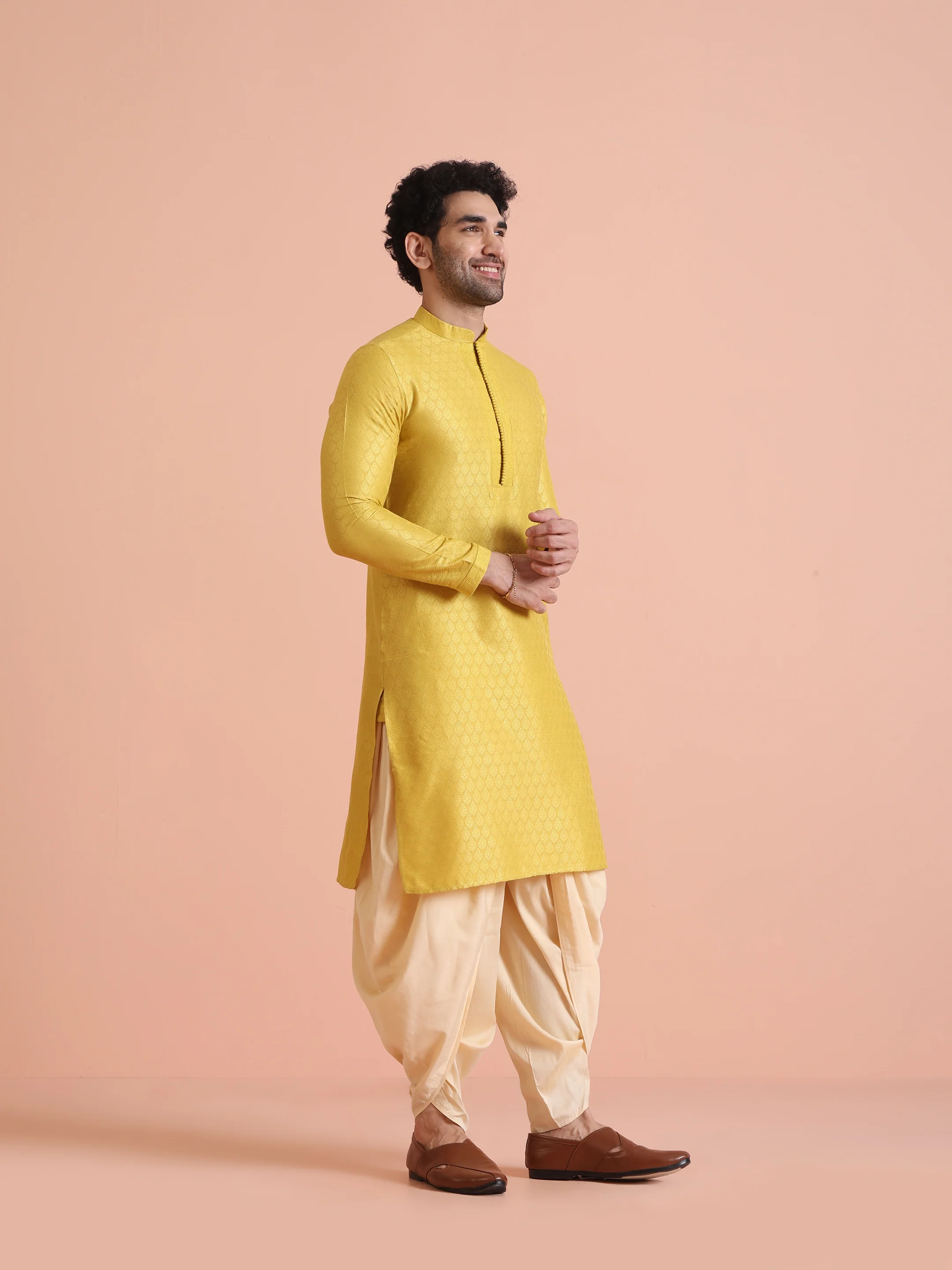 Yellow Silk Blend Kurta Dhoti Set - Image 2