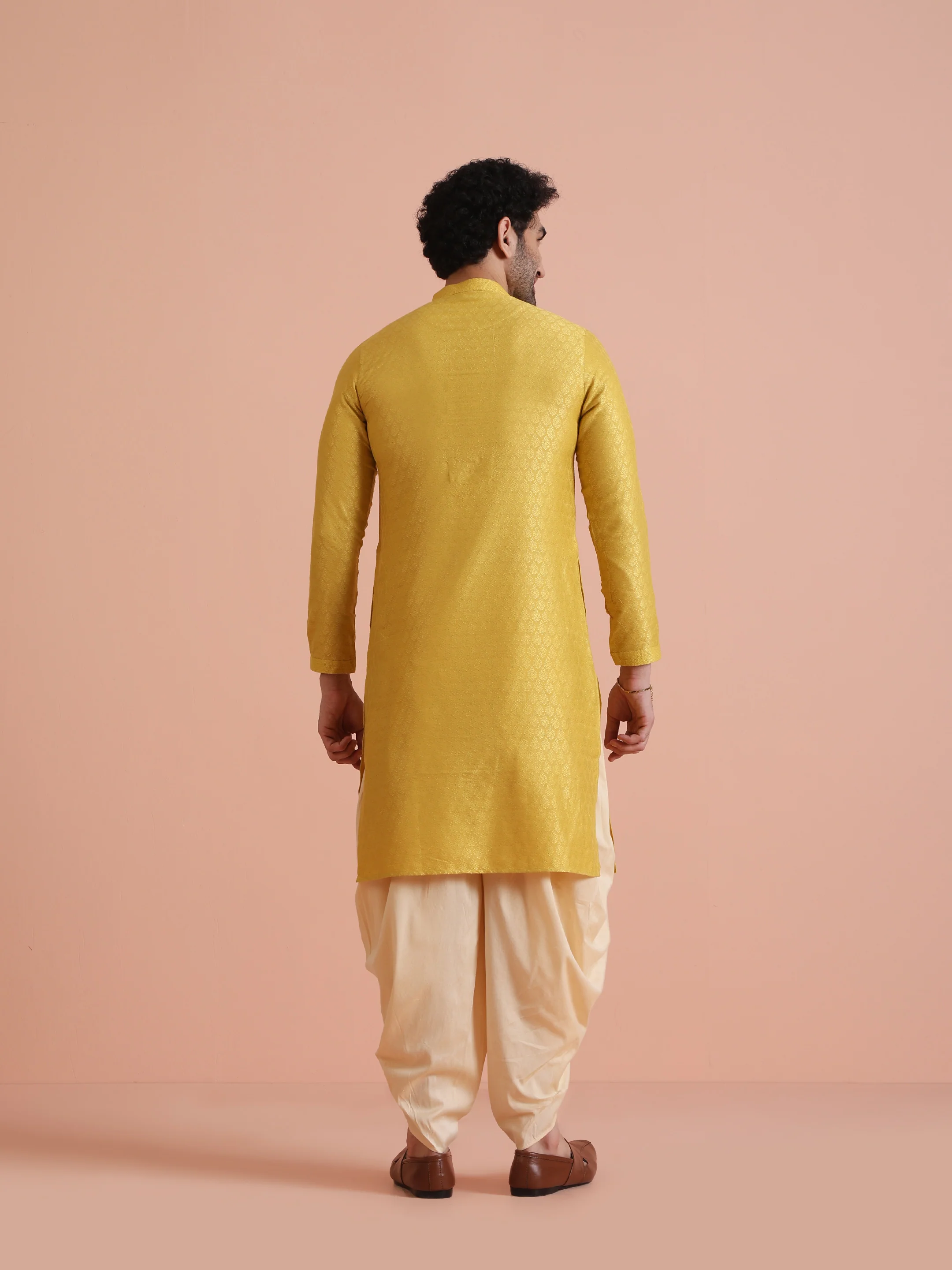 Yellow Silk Blend Kurta Dhoti Set - Image 4
