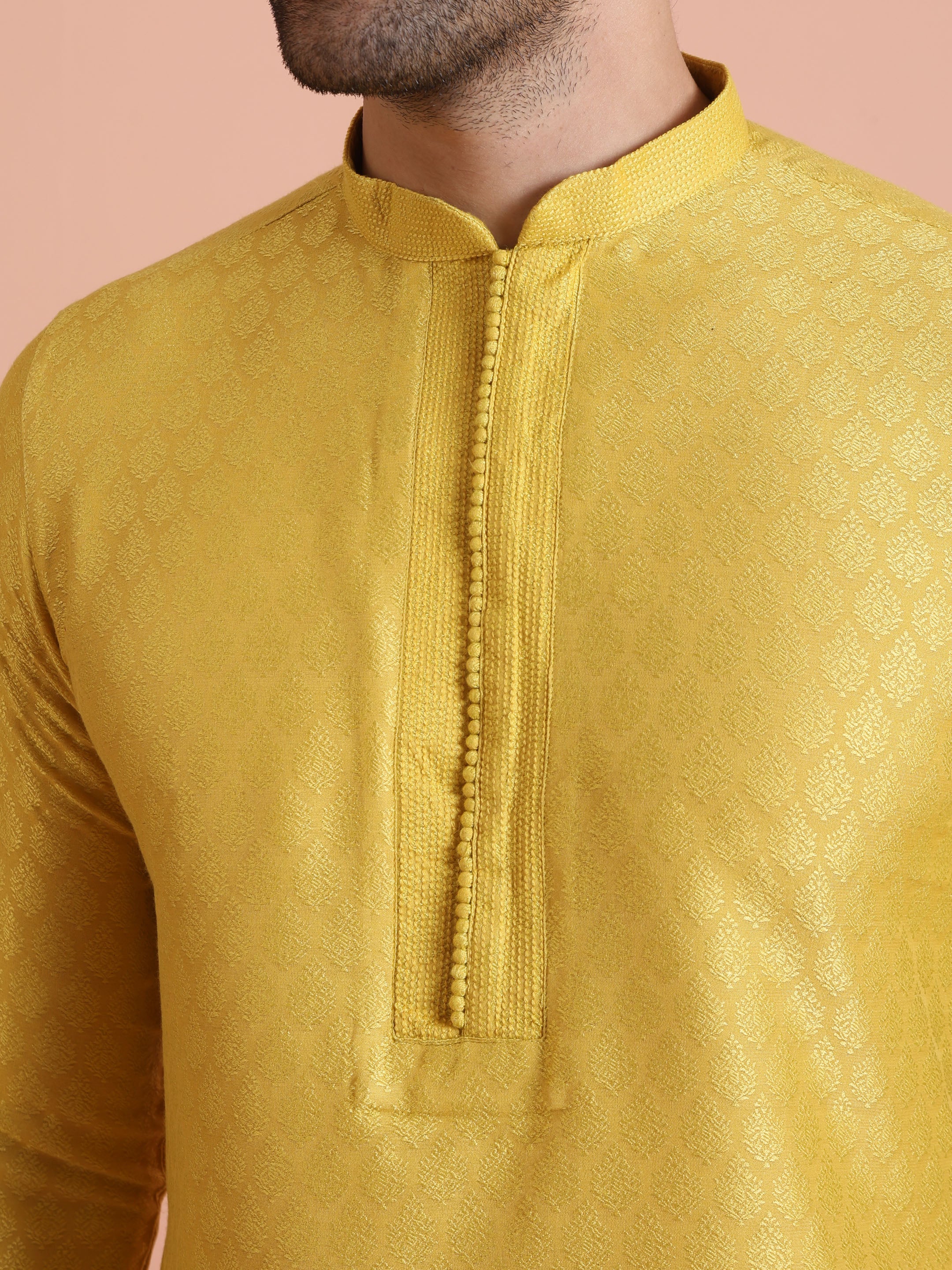 Yellow Silk Blend Kurta Dhoti Set - Image 5