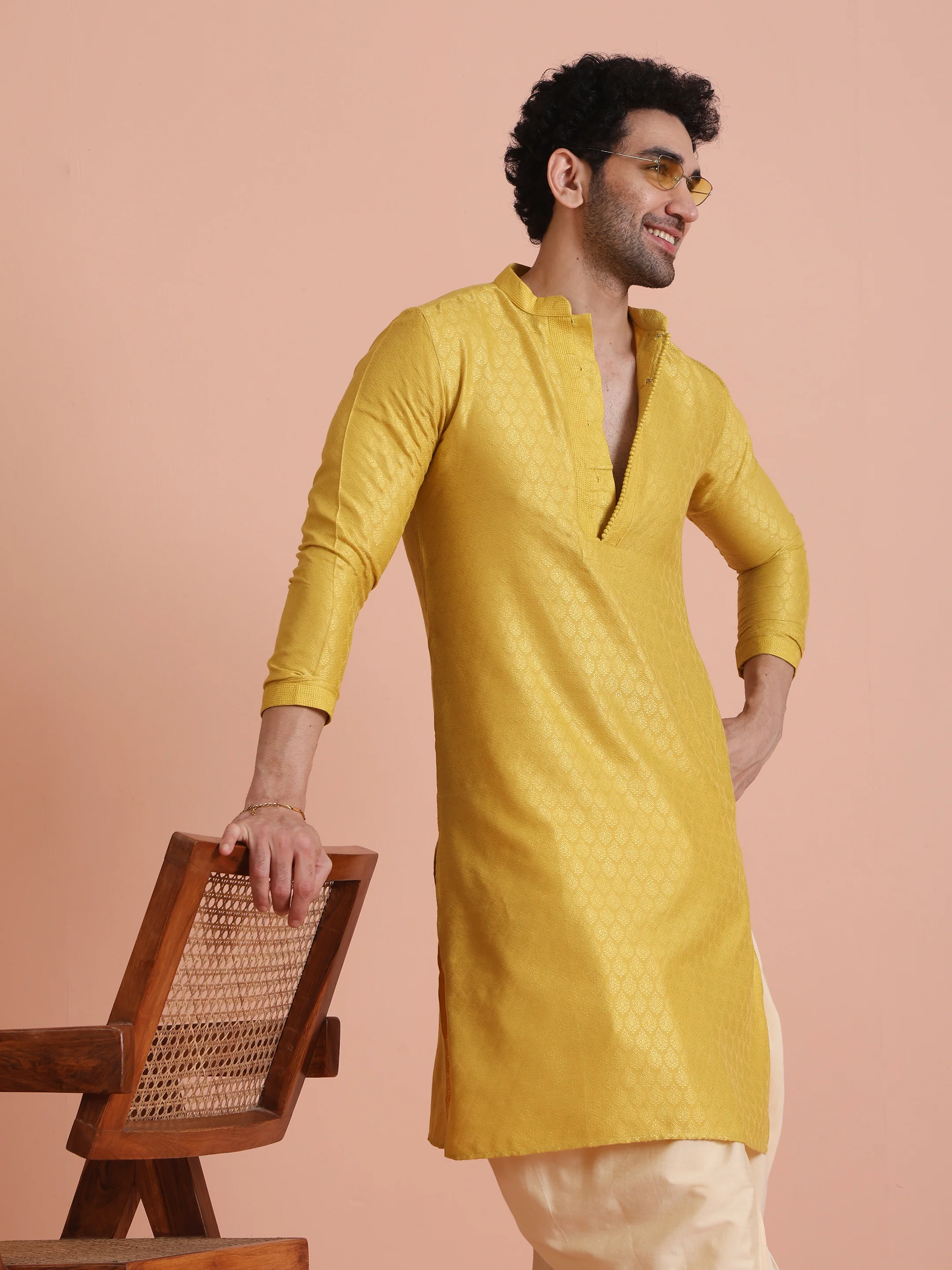 Yellow Silk Blend Kurta Dhoti Set - Image 8