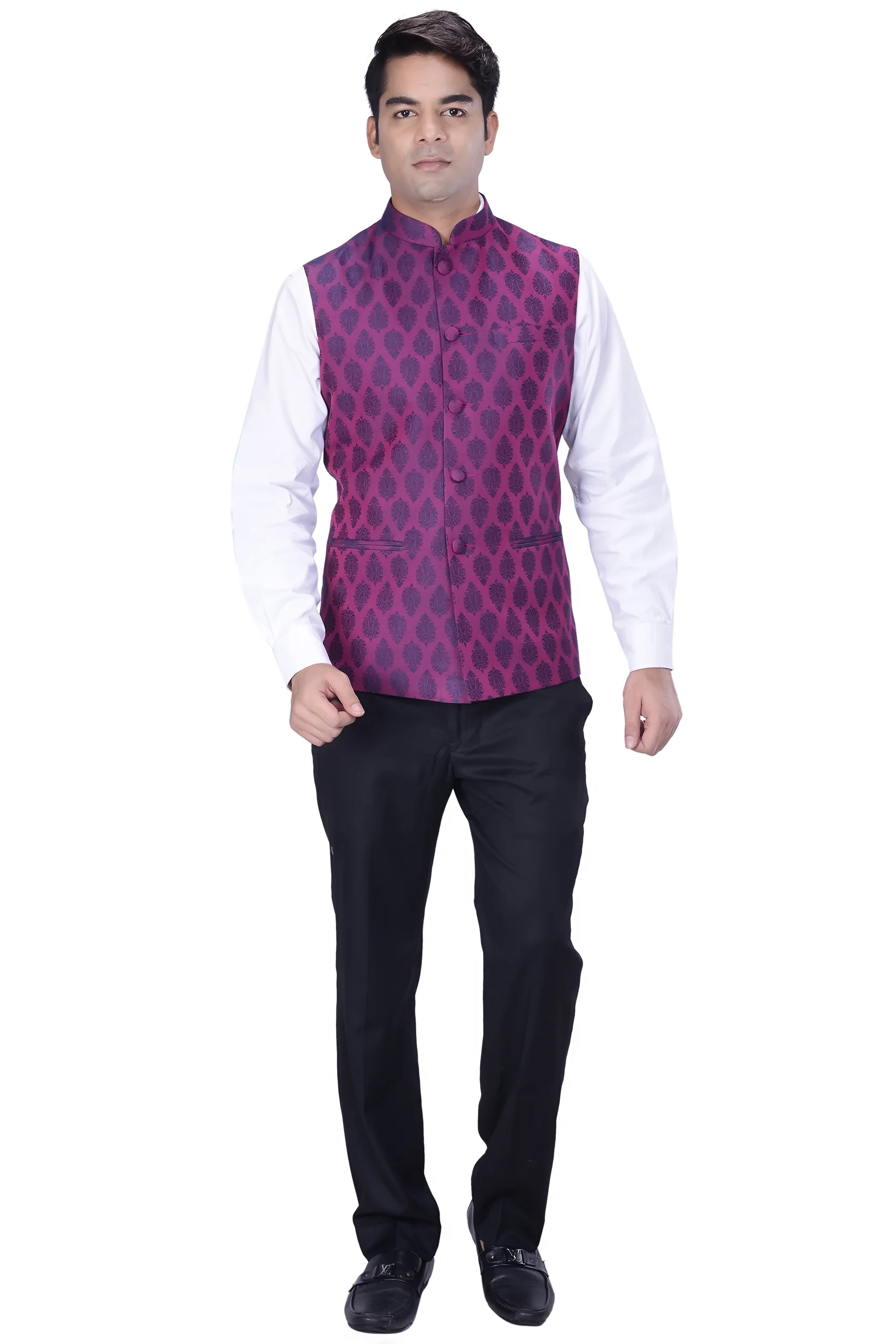 Men Purple Woven Design Nehru Jacket - Image 5