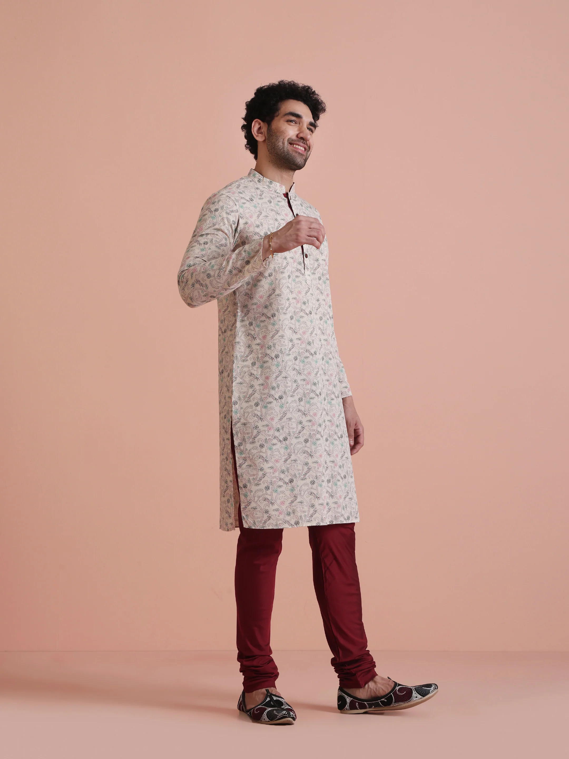 Beige Printed Cotton Kurta with Multicolor Kantha-Inspired Motifs for Festive Wear - Image 4
