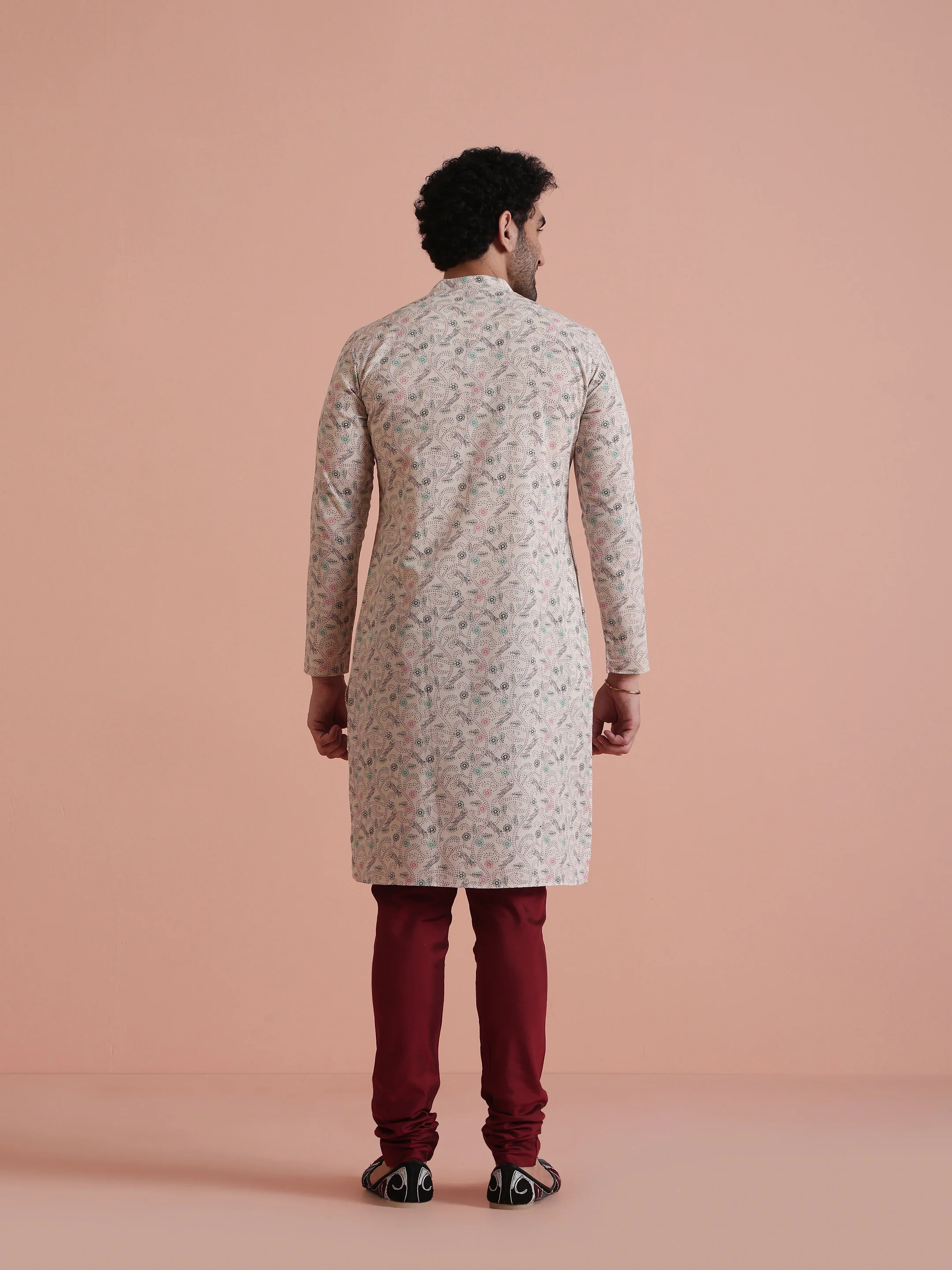 Beige Printed Cotton Kurta with Multicolor Kantha-Inspired Motifs for Festive Wear - Image 5