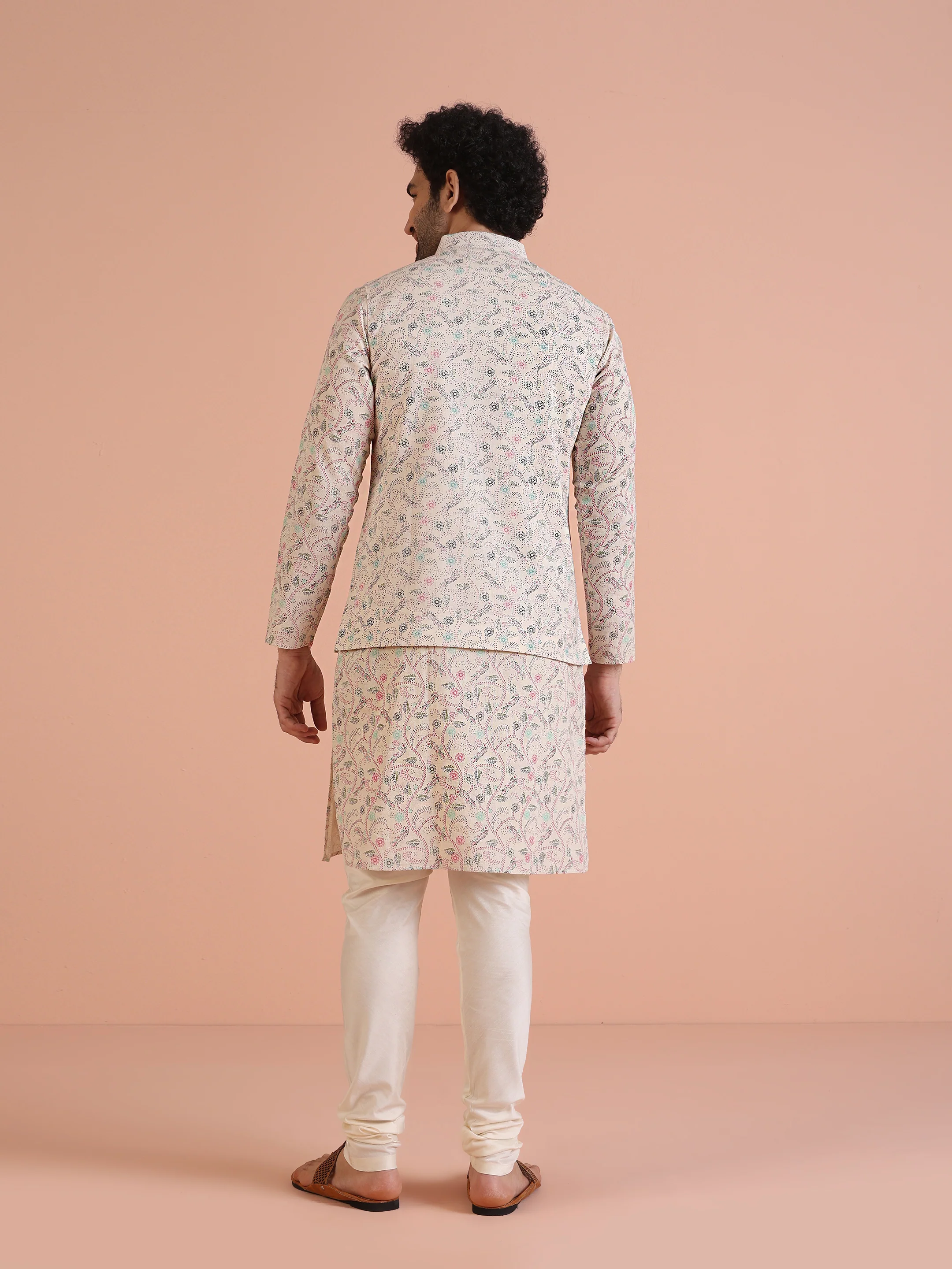 Multicolor Printed Nehru Jacket Kurta Churidar Set - Image 4