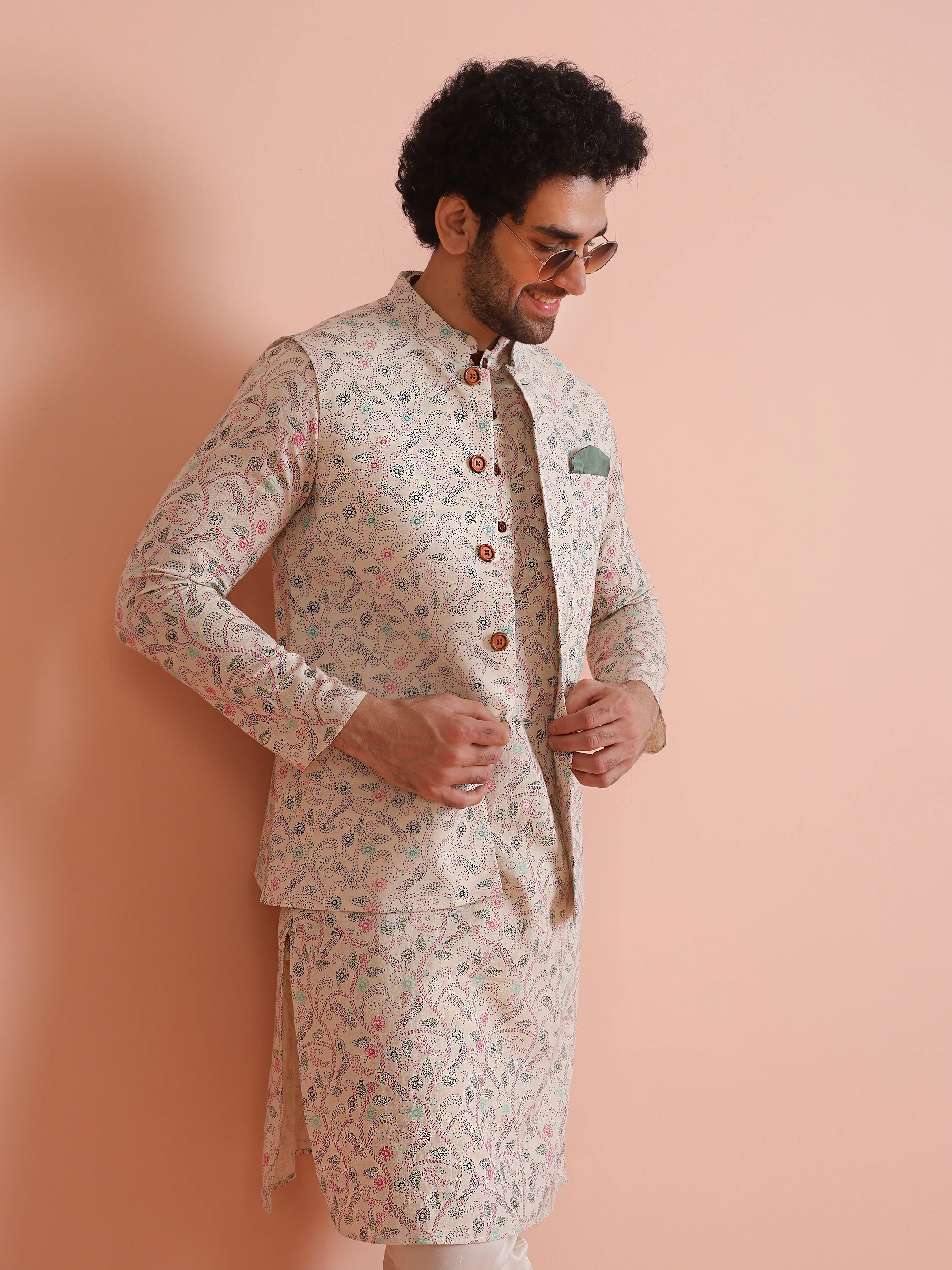 Multicolor Printed Nehru Jacket Kurta Churidar Set - Image 7