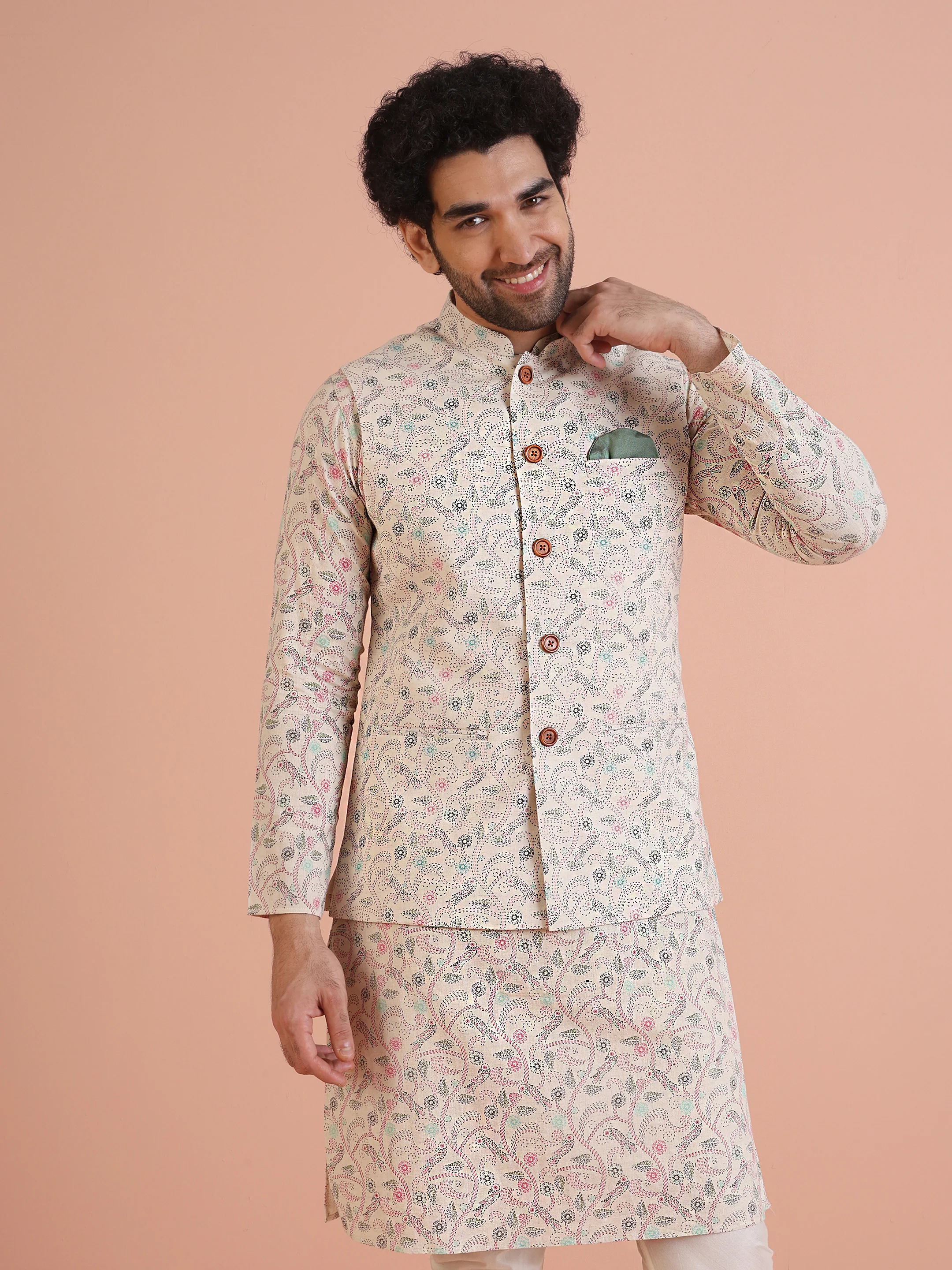 Multicolor Printed Nehru Jacket Kurta Churidar Set - Image 8