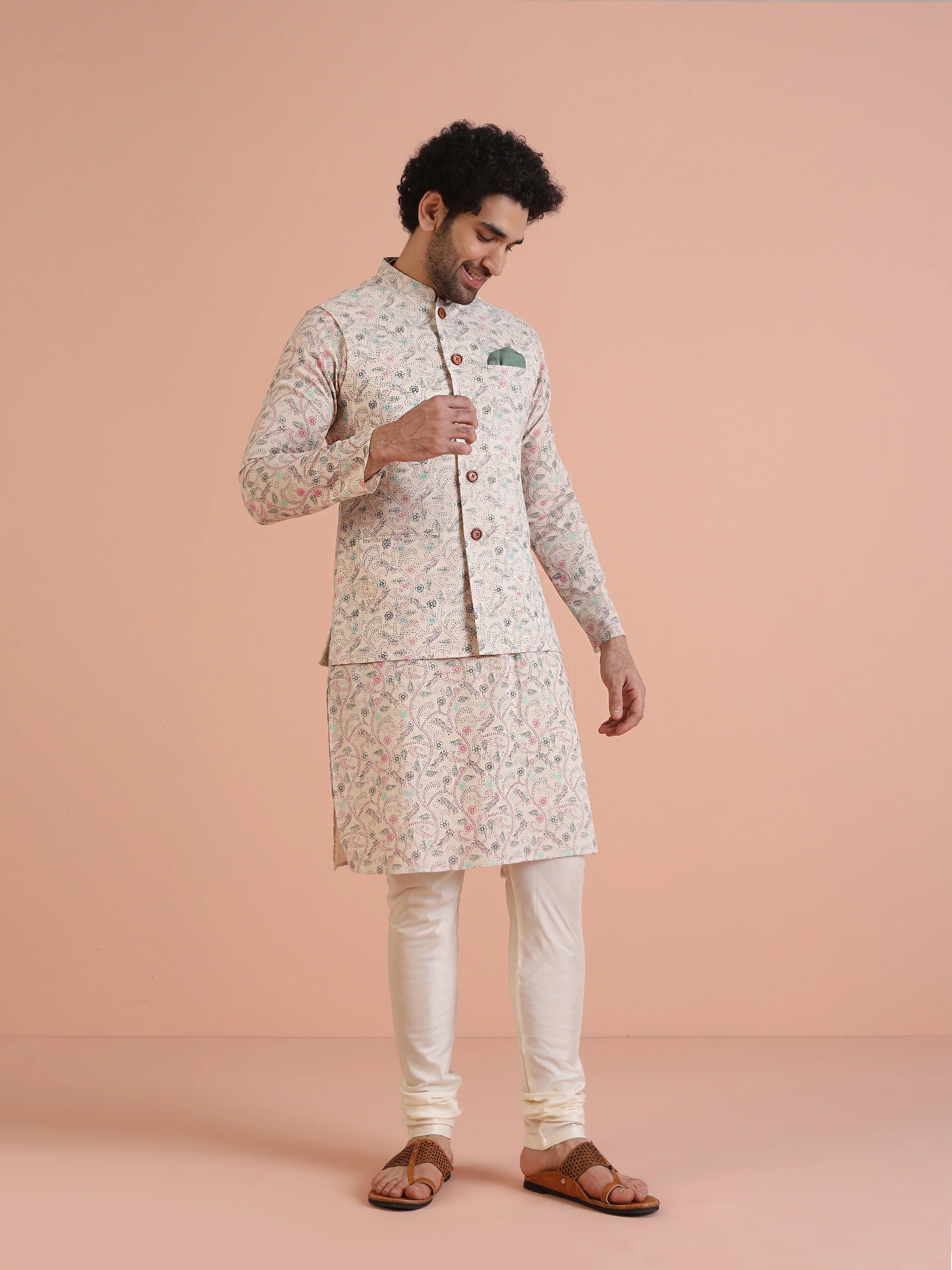 Multicolor Printed Nehru Jacket Kurta Churidar Set - Image 9