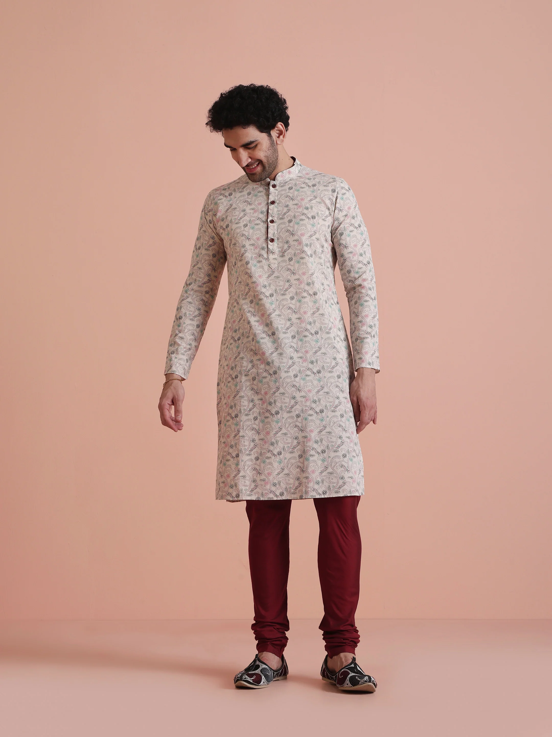 Beige Printed Cotton Kurta with Multicolor Kantha-Inspired Motifs for Festive Wear - Image 6