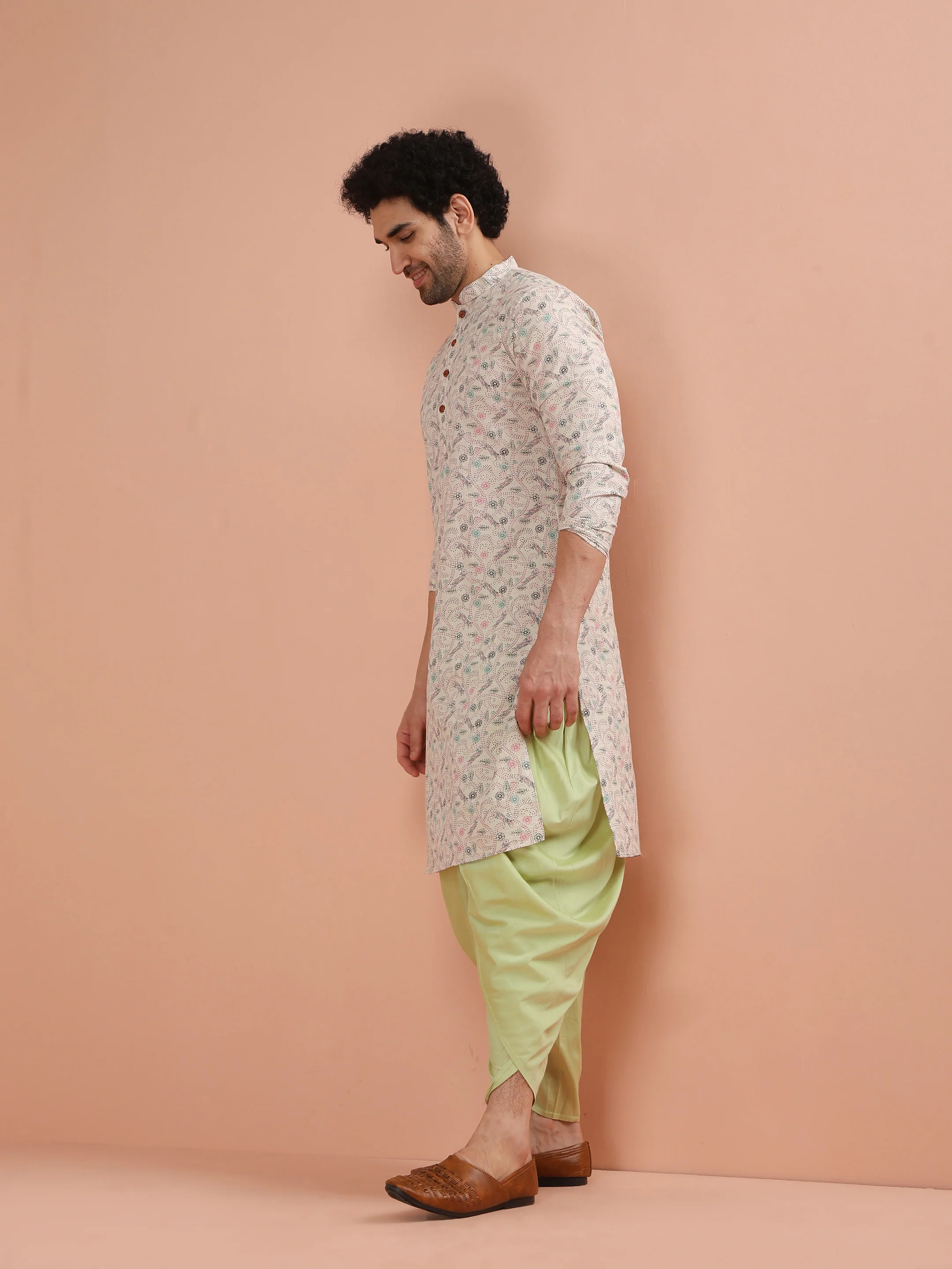 Beige Cotton Kurta Set with Multicolor Kantha-Inspired Prints and Green Dhoti Pants - Image 4