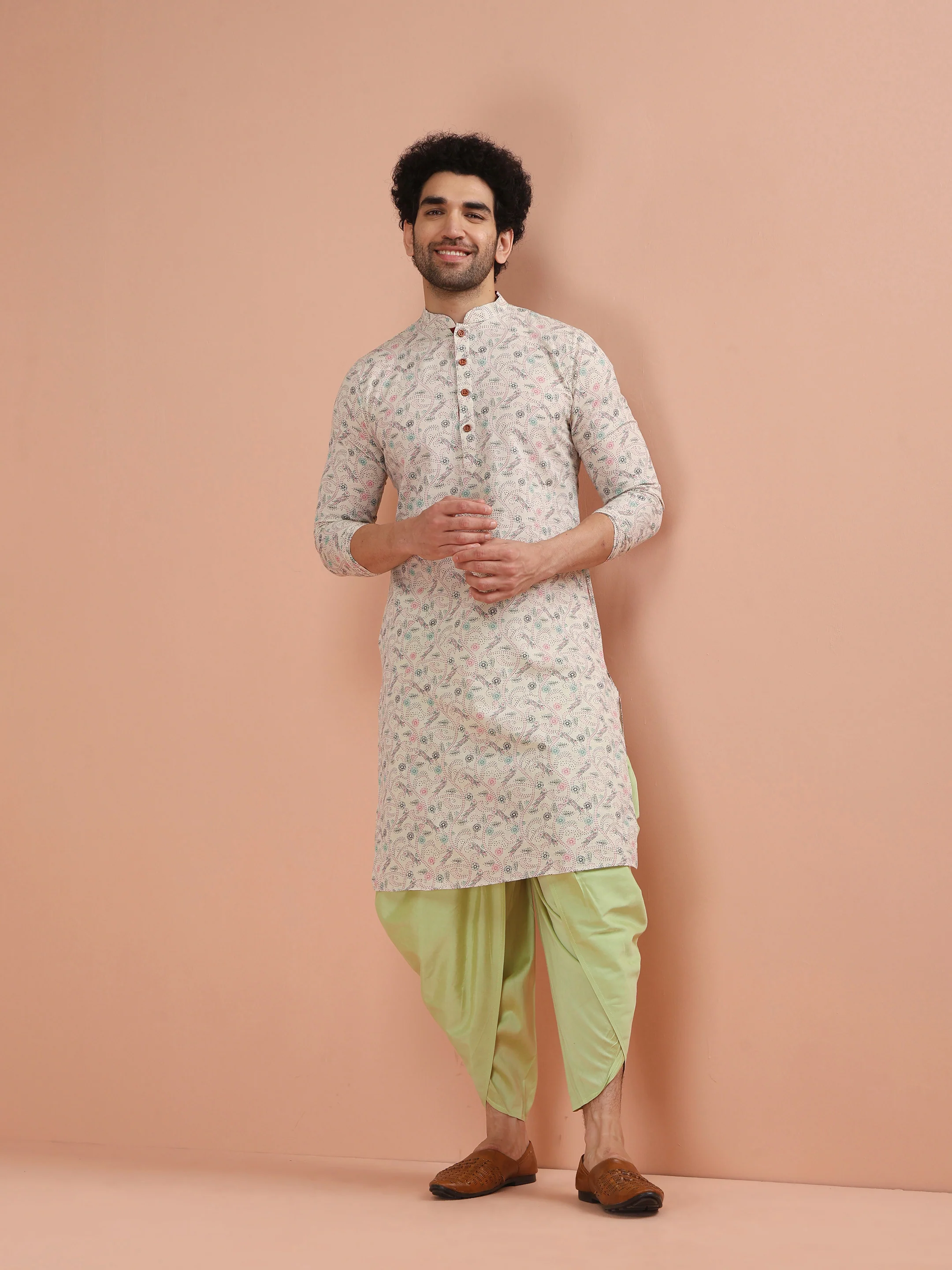 Beige Cotton Kurta Set with Multicolor Kantha-Inspired Prints and Green Dhoti Pants - Image 8