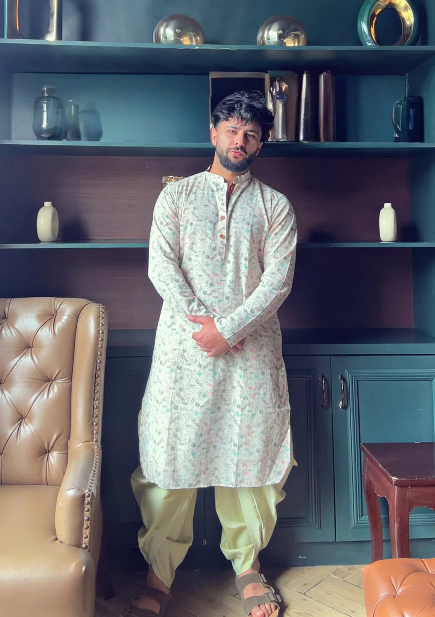 Beige Cotton Kurta Set with Multicolor Kantha-Inspired Prints and Green Dhoti Pants - Image 9