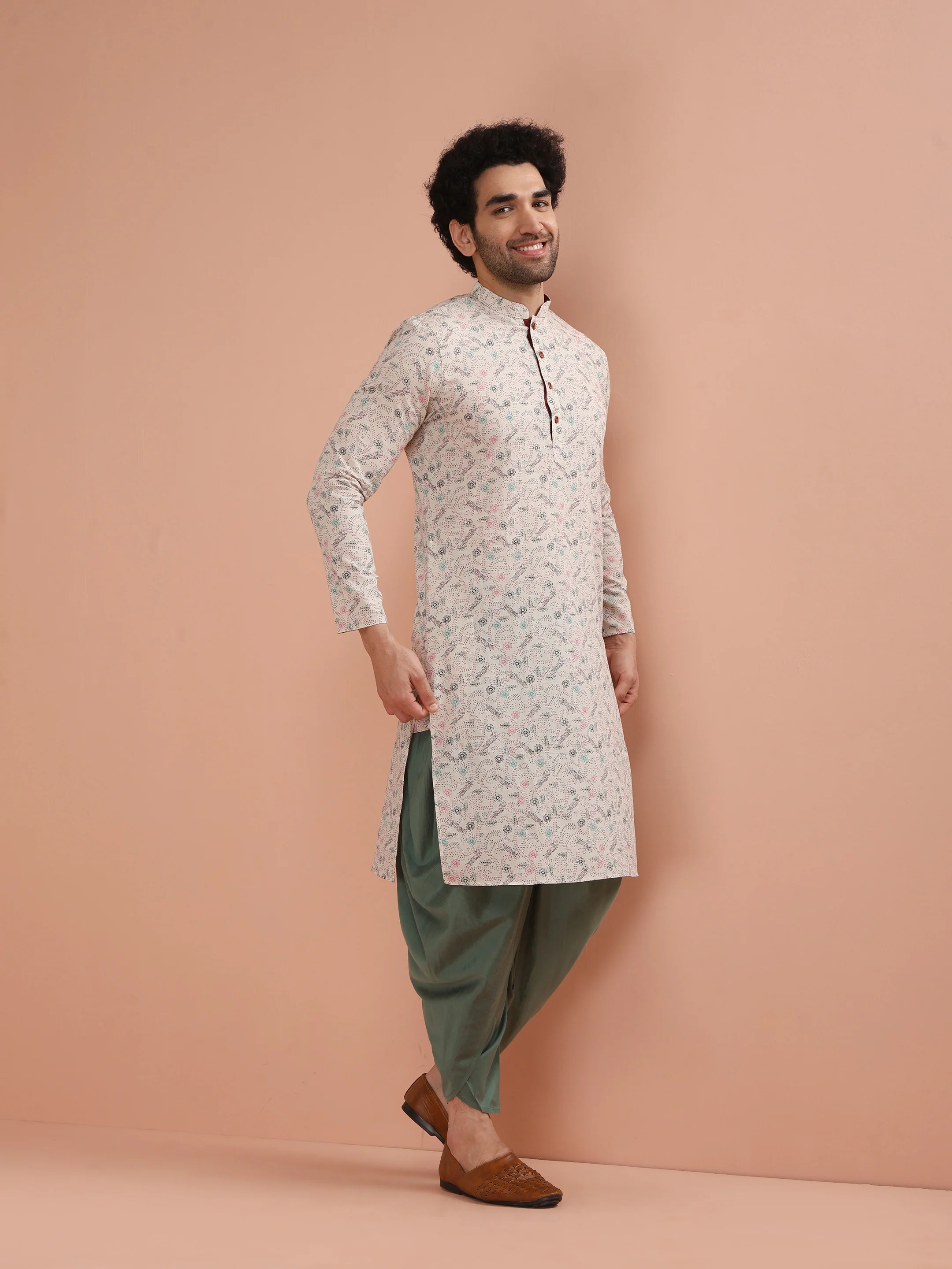 Cream Cotton Printed Kurta Dhoti Set - Image 3