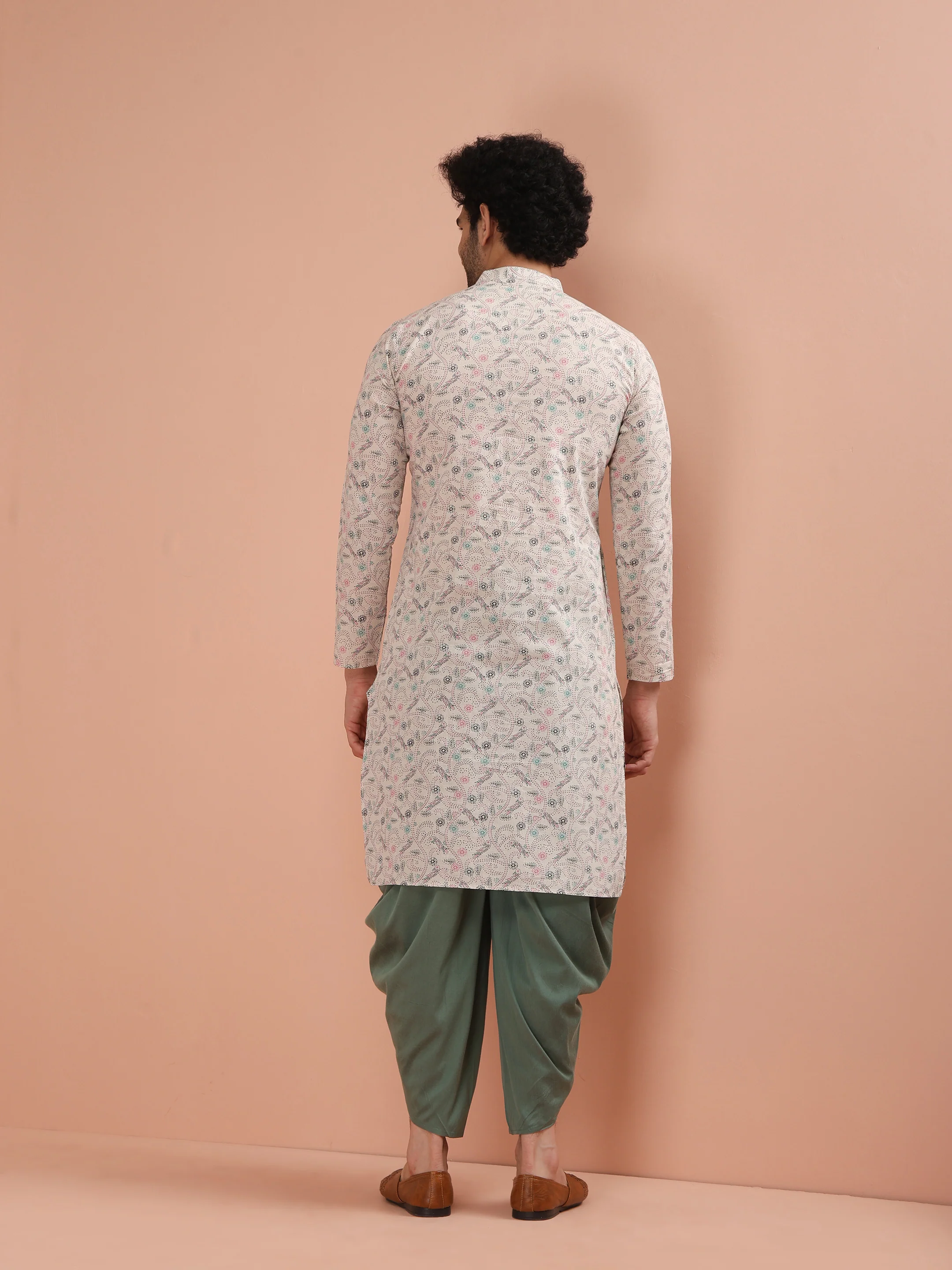 Cream Cotton Printed Kurta Dhoti Set - Image 4