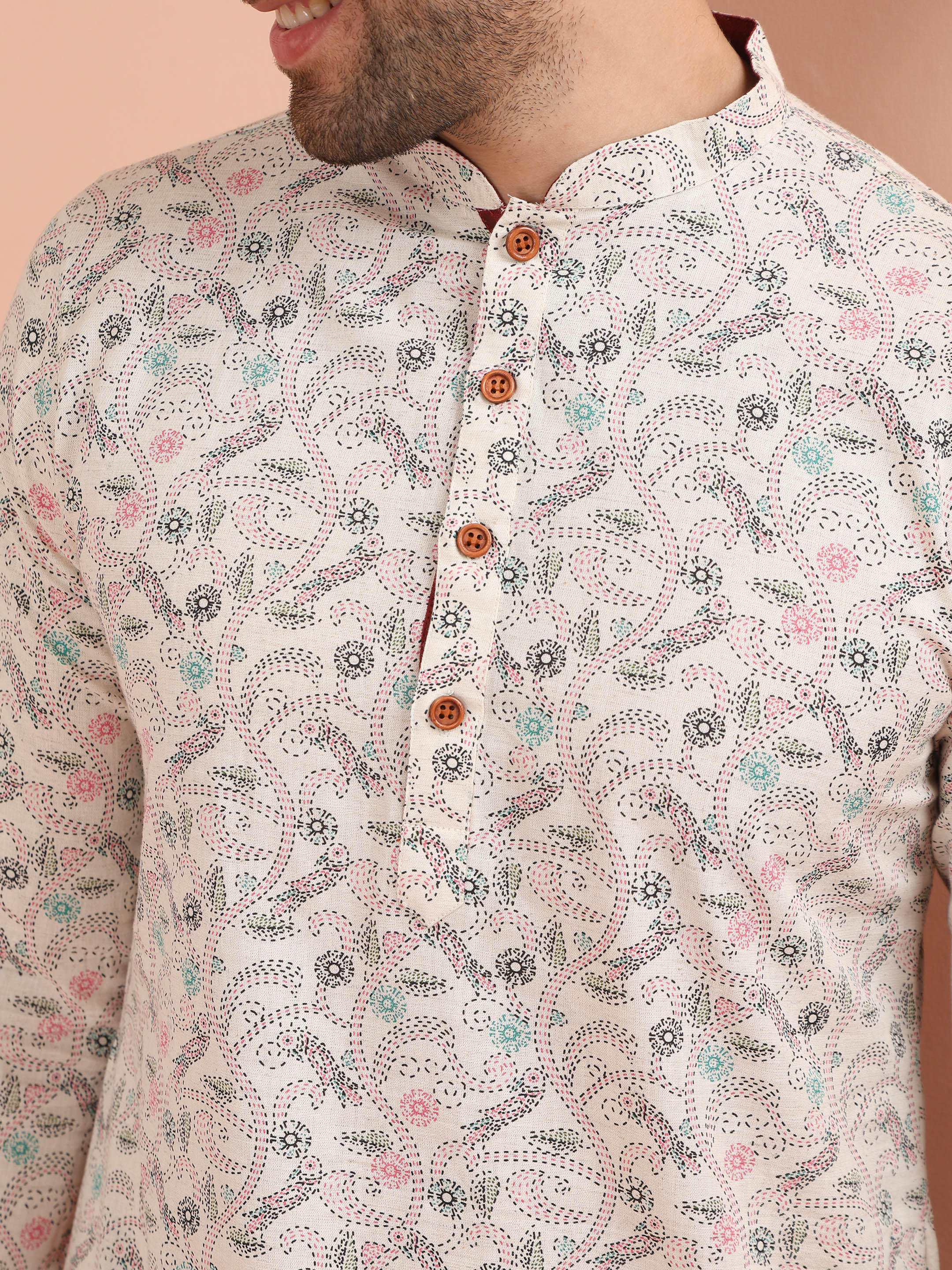 Cream Cotton Printed Kurta Dhoti Set - Image 5