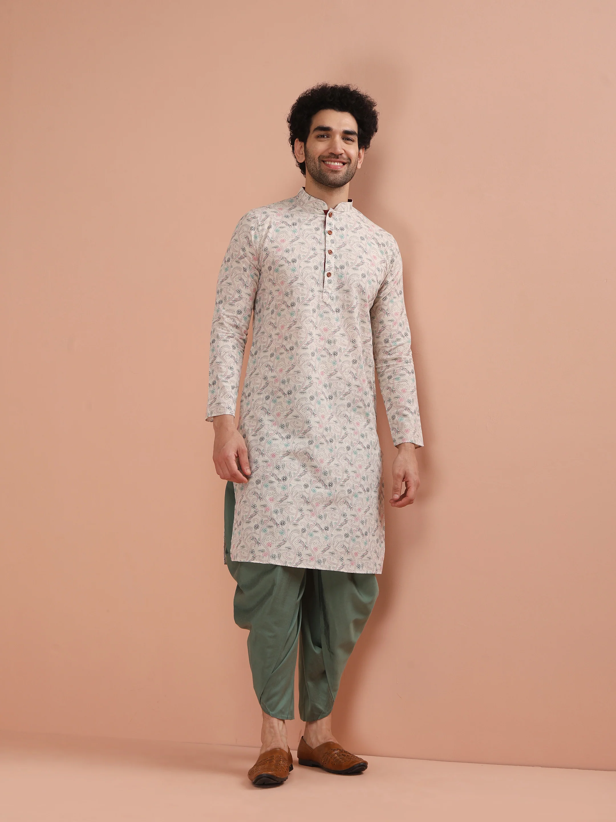 Cream Cotton Printed Kurta Dhoti Set - Image 8
