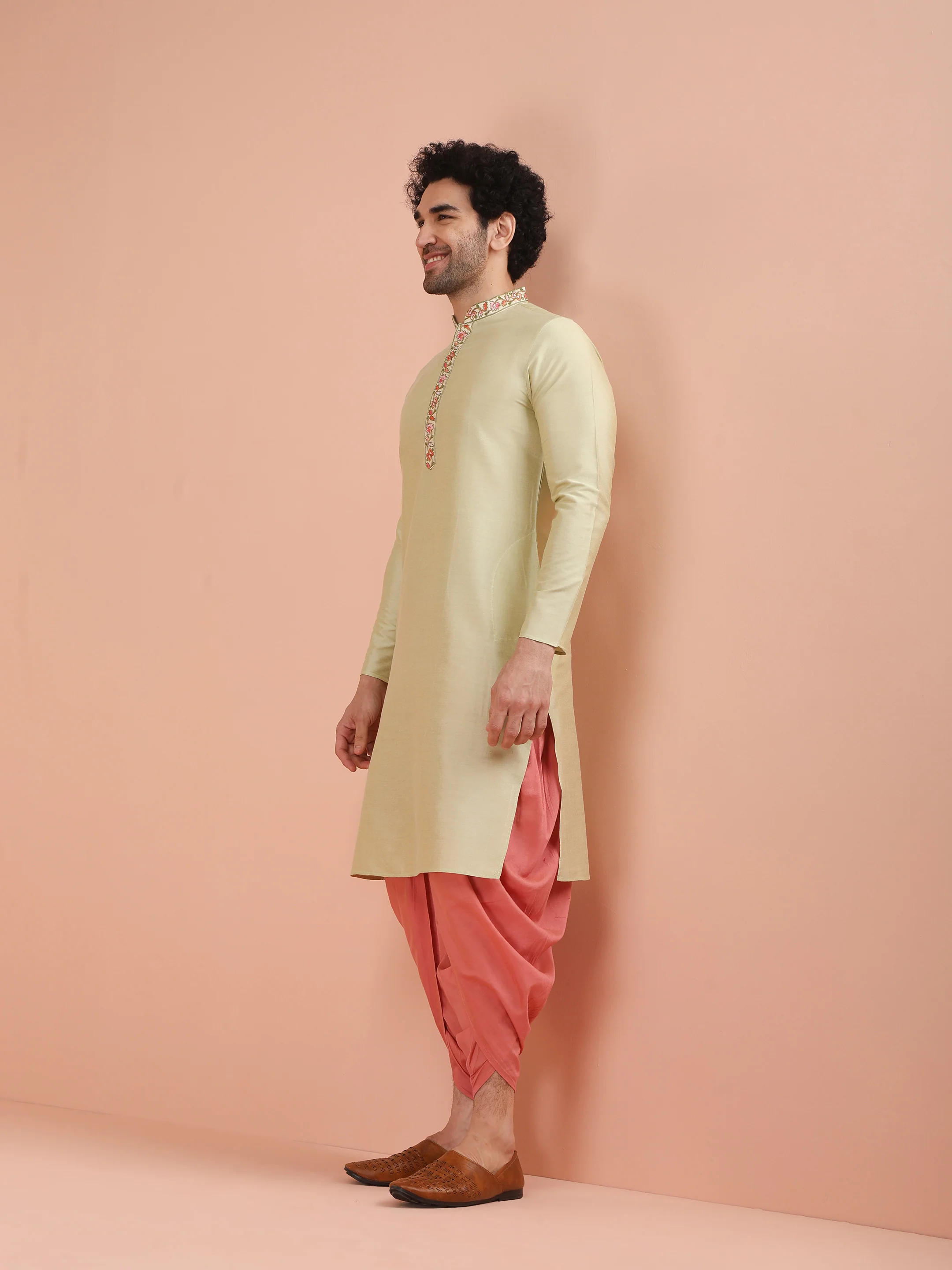 Beige Silk Blend Embroidered Long Kurta - Image 3