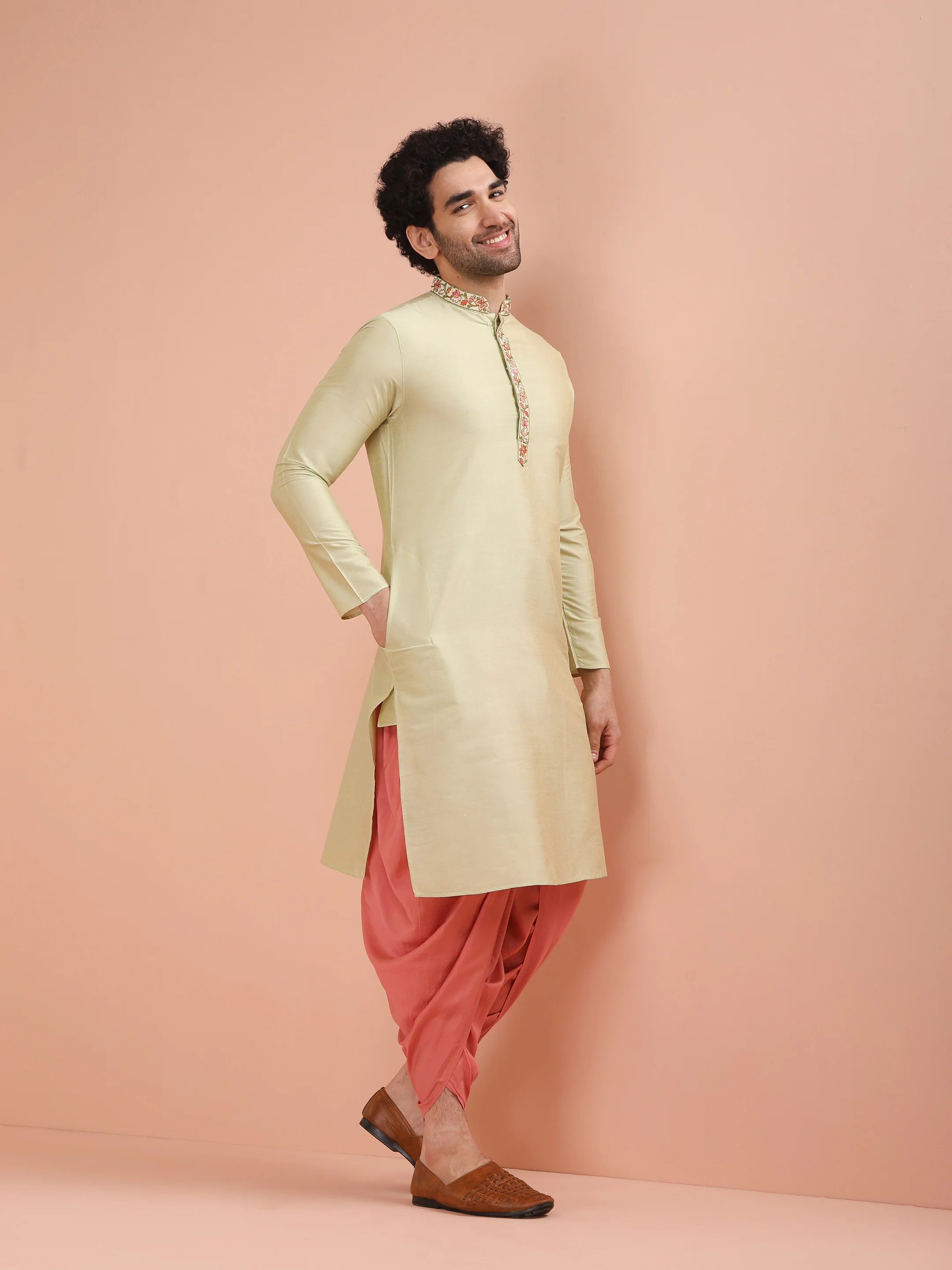 Beige Silk Blend Embroidered Long Kurta - Image 2