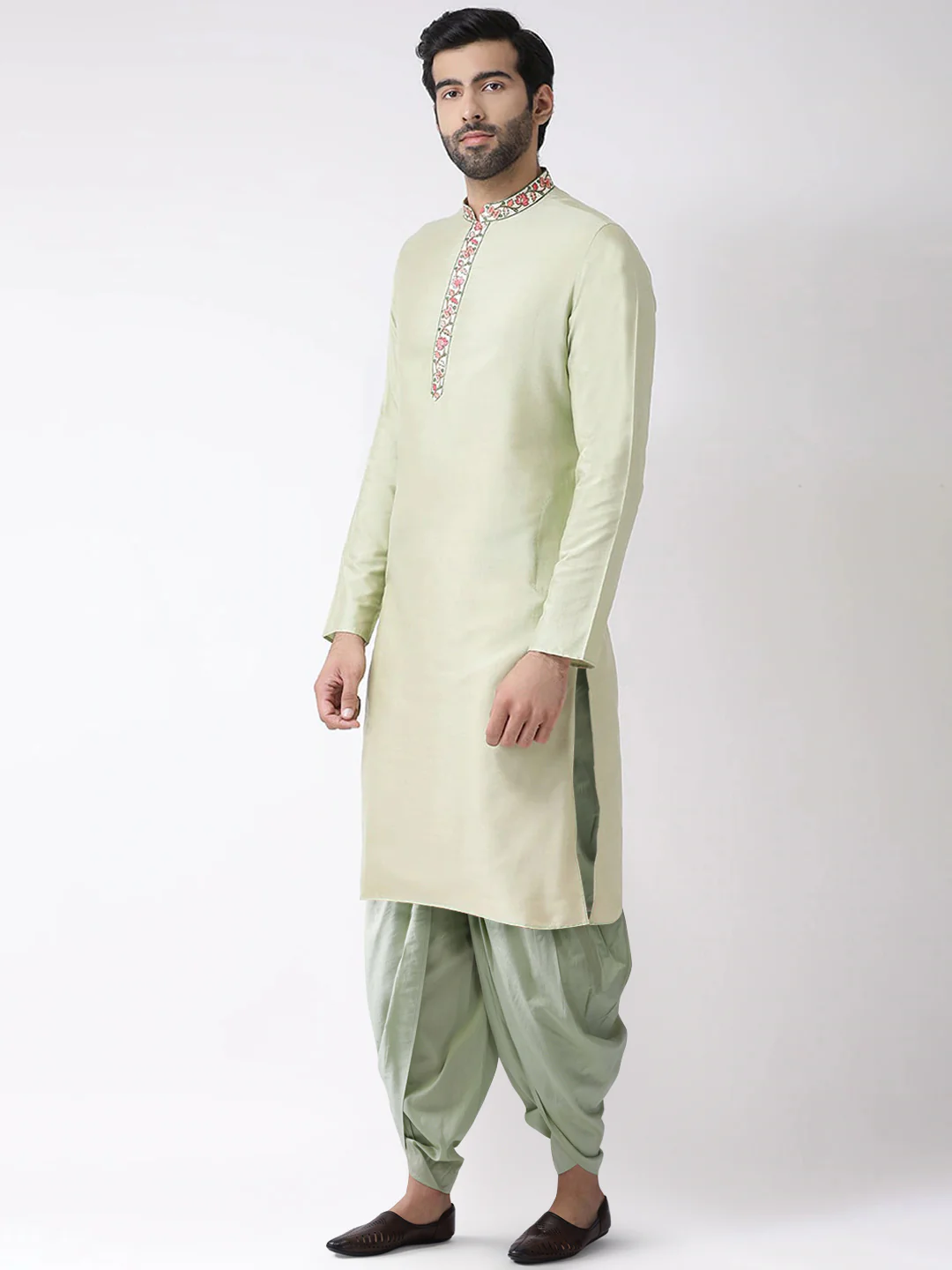 Light Green Embroidered Collar Kurta with Dhoti - Image 3