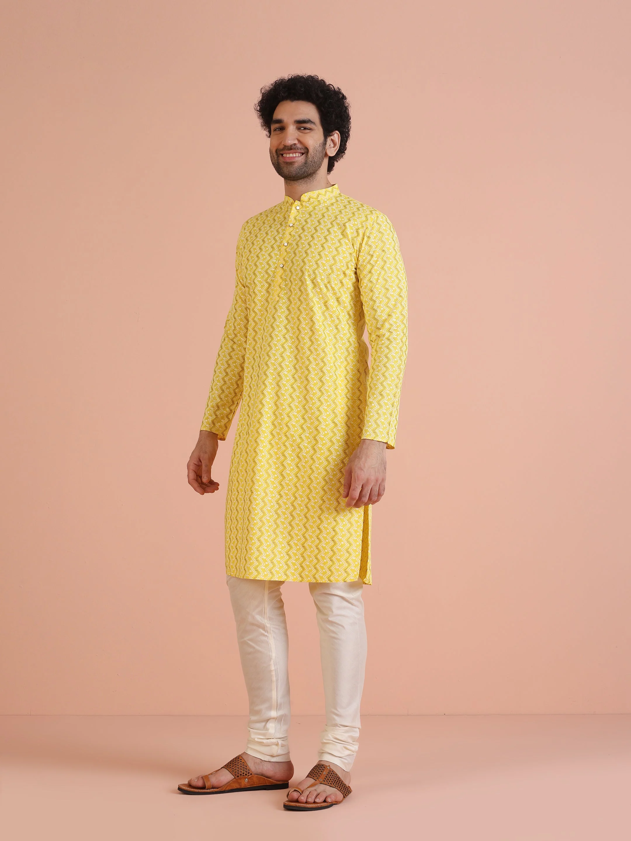 Yellow Cotton Blend Kurta Set with Geometric Woven Pattern and Cream Churidar for Festive & Wedding Ensemble - Image 10