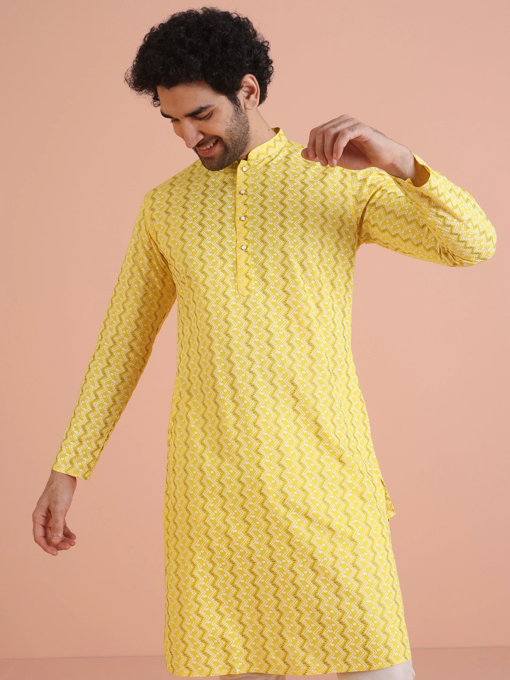Yellow Cotton Blend Kurta Set with Geometric Woven Pattern and Cream Churidar for Festive & Wedding Ensemble - Image 13
