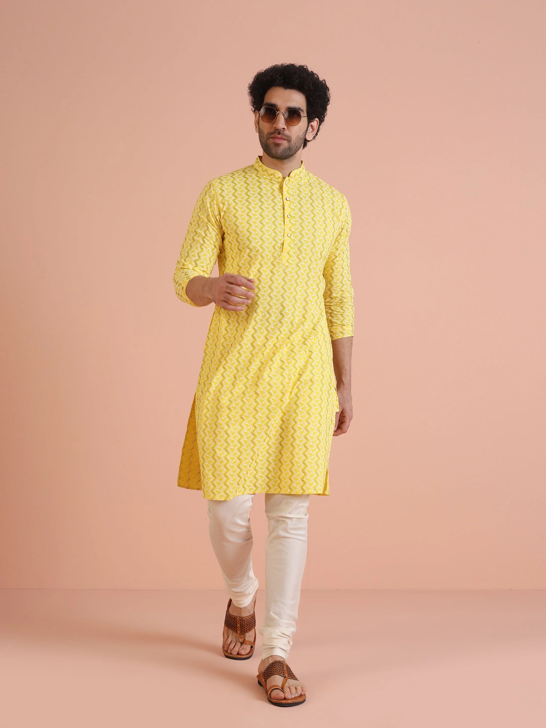 Yellow Cotton Blend Kurta Set with Geometric Woven Pattern and Cream Churidar for Festive & Wedding Ensemble - Image 15