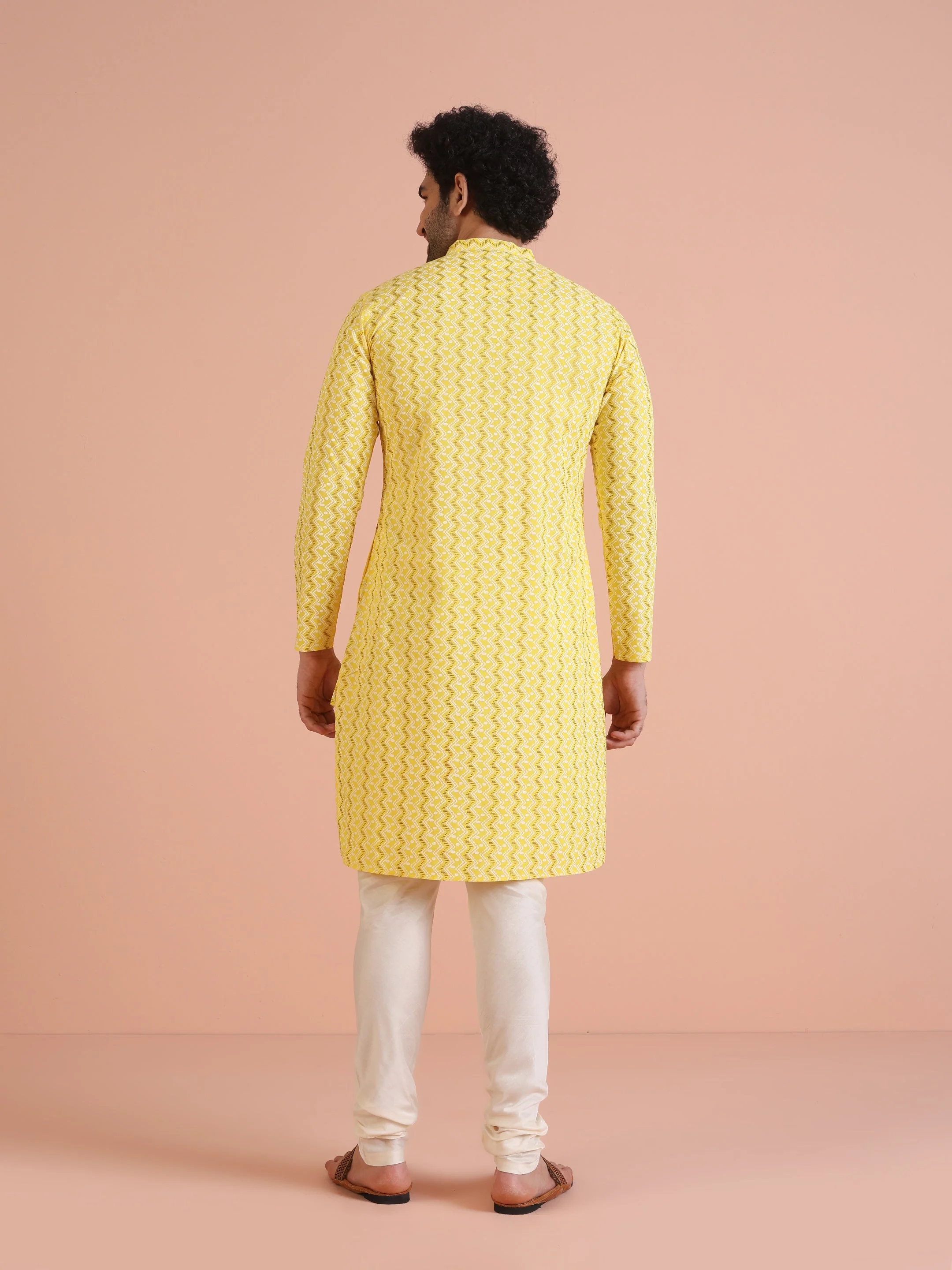 Yellow Cotton Blend Kurta Set with Geometric Woven Pattern and Cream Churidar for Festive & Wedding Ensemble - Image 18