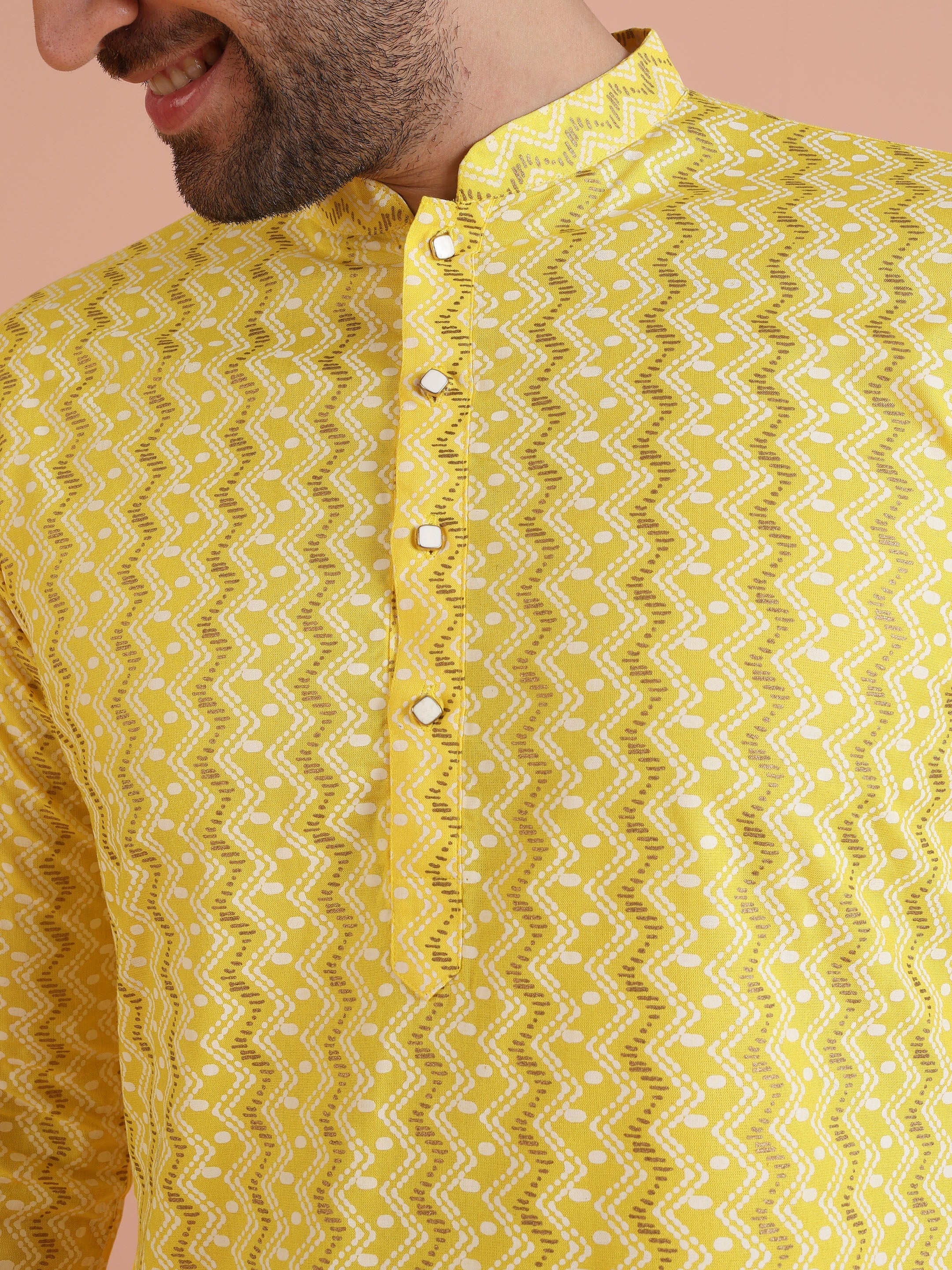 Yellow Cotton Blend Kurta Set with Geometric Woven Pattern and Cream Churidar for Festive & Wedding Ensemble - Image 19
