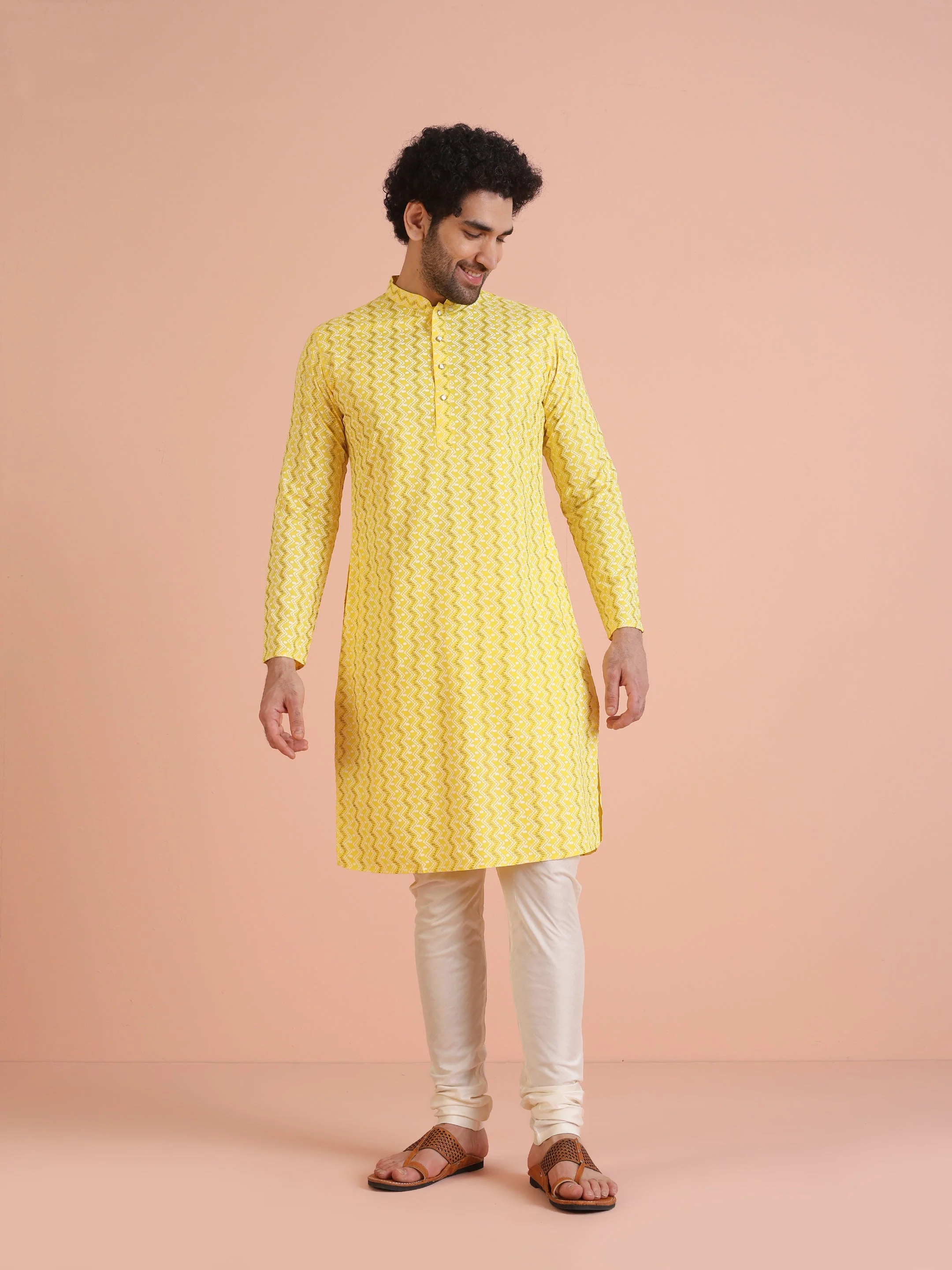 Yellow Cotton Blend Kurta Set with Geometric Woven Pattern and Cream Churidar for Festive & Wedding Ensemble - Image 21