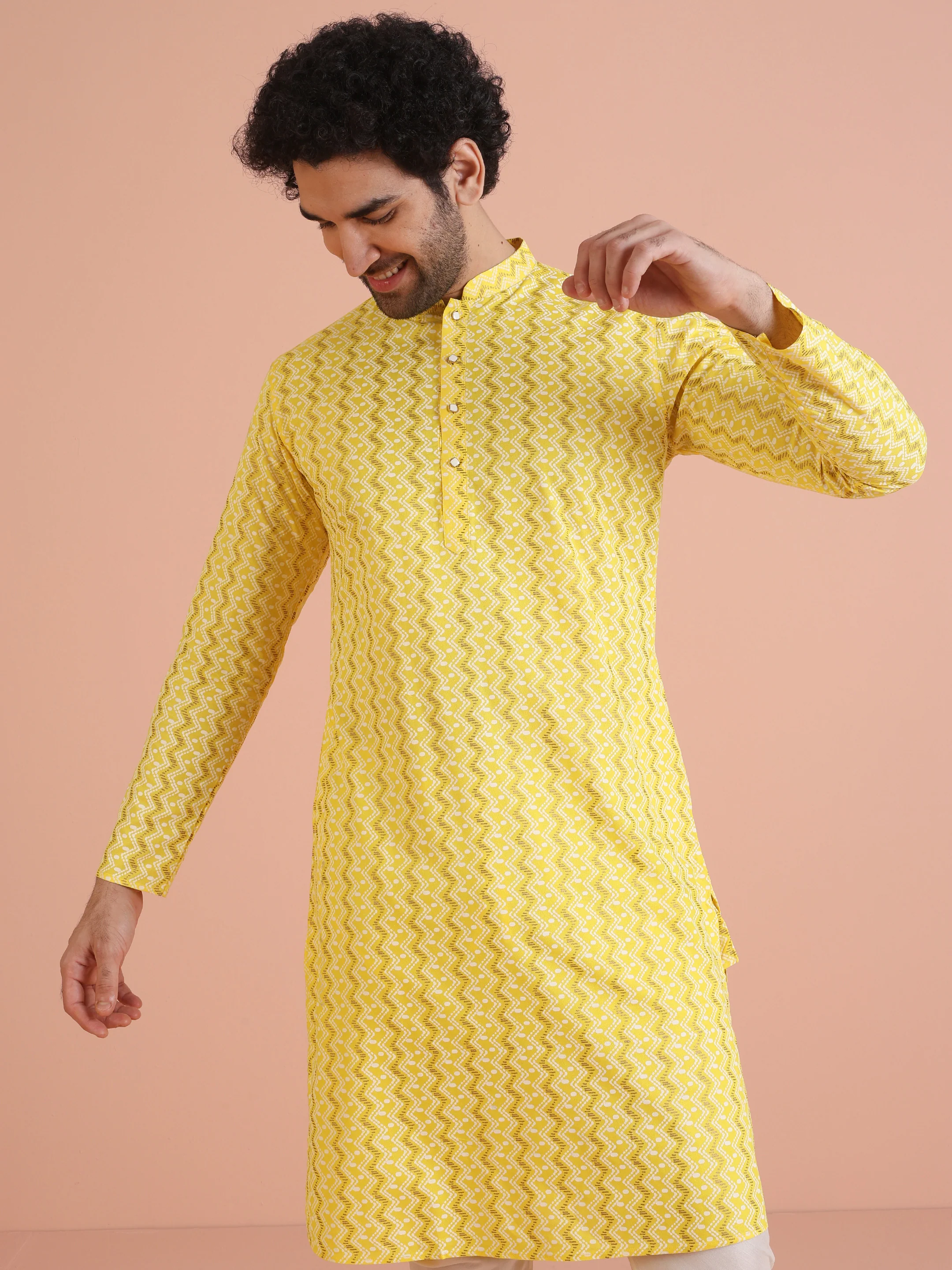 Yellow Cotton Blend Kurta Set with Geometric Woven Pattern and Cream Churidar for Festive & Wedding Ensemble - Image 6
