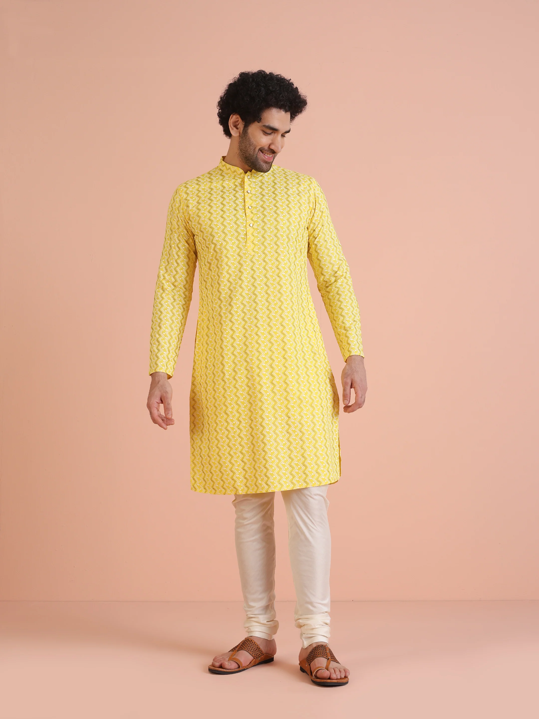 Yellow Cotton Blend Kurta Set with Geometric Woven Pattern and Cream Churidar for Festive & Wedding Ensemble - Image 7