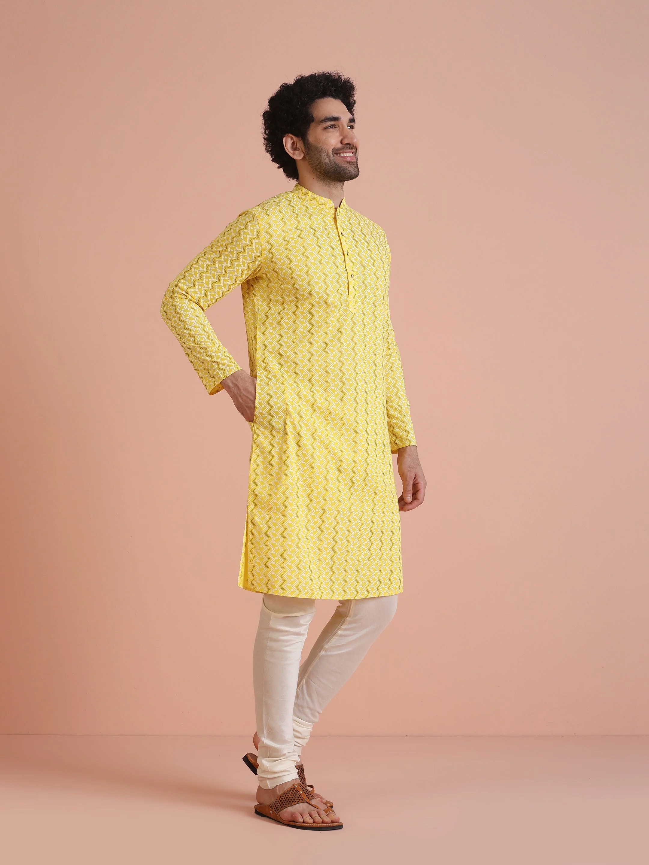 Yellow Cotton Blend Kurta Set with Geometric Woven Pattern and Cream Churidar for Festive & Wedding Ensemble - Image 9
