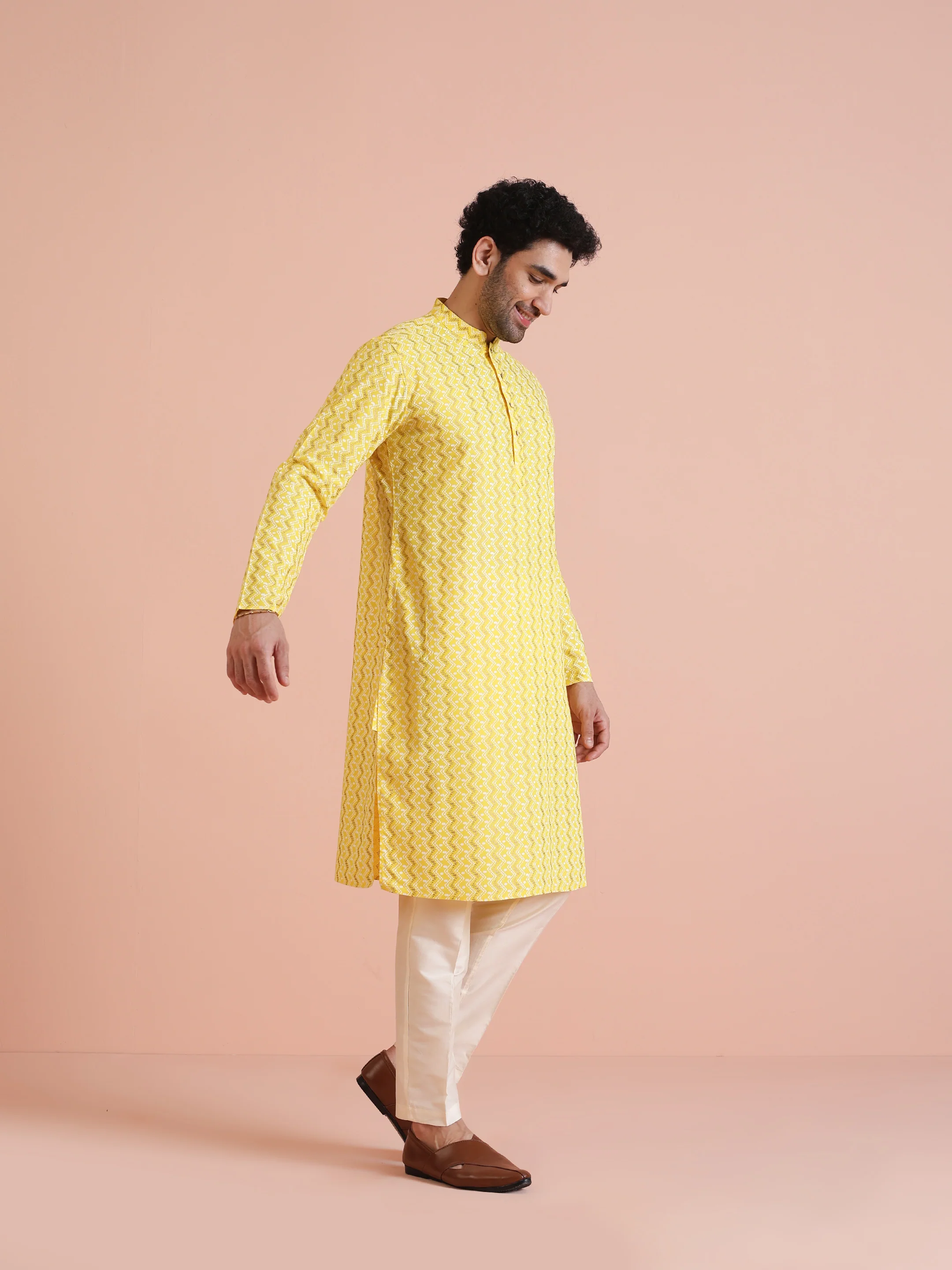 Yellow Silk Blend Kurta Set with Geometric Woven Pattern and Cream Trousers â€“ Festive & Wedding Ensemble - Image 2