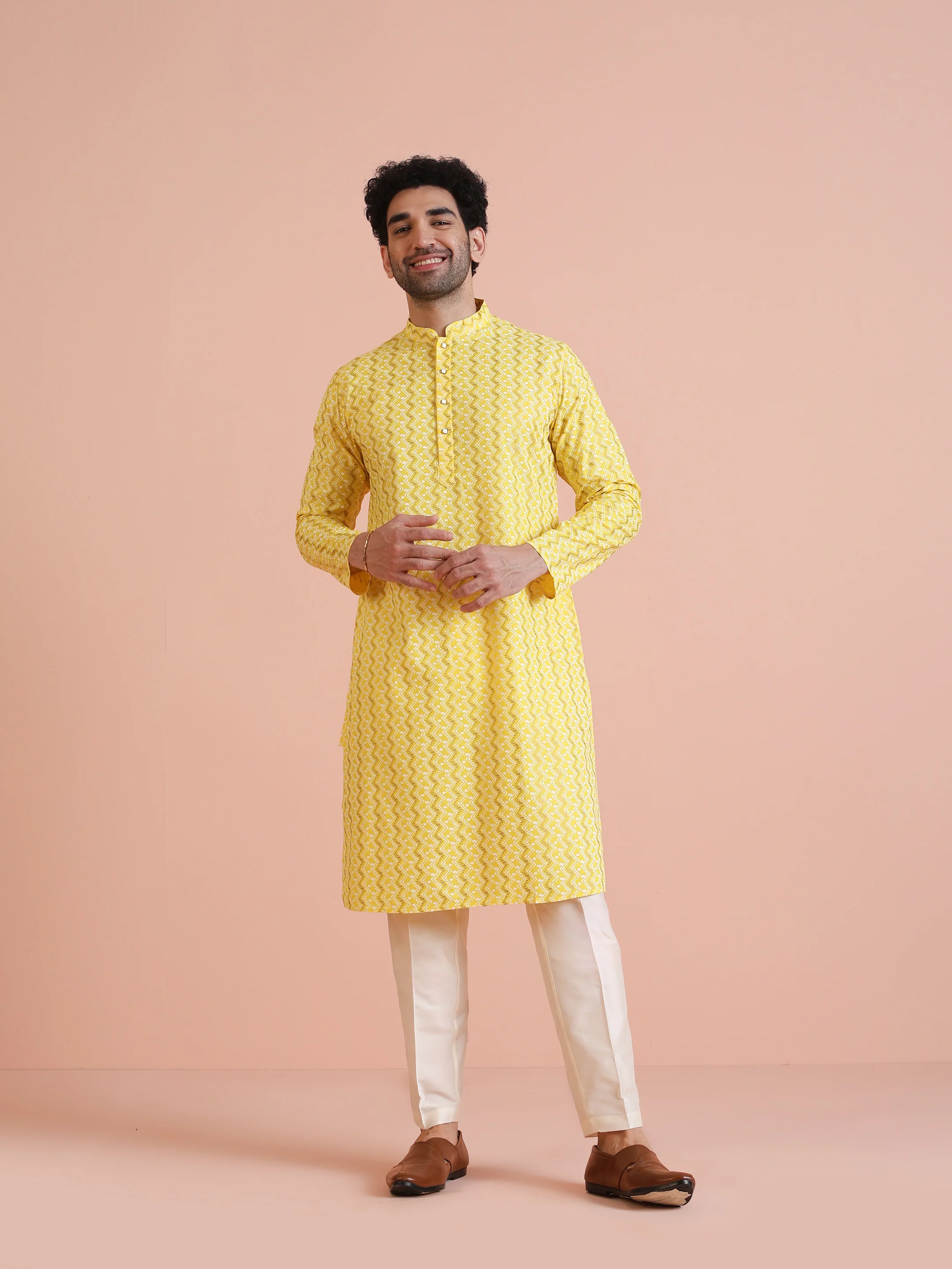 Yellow Silk Blend Kurta Set with Geometric Woven Pattern and Cream Trousers â€“ Festive & Wedding Ensemble - Image 3