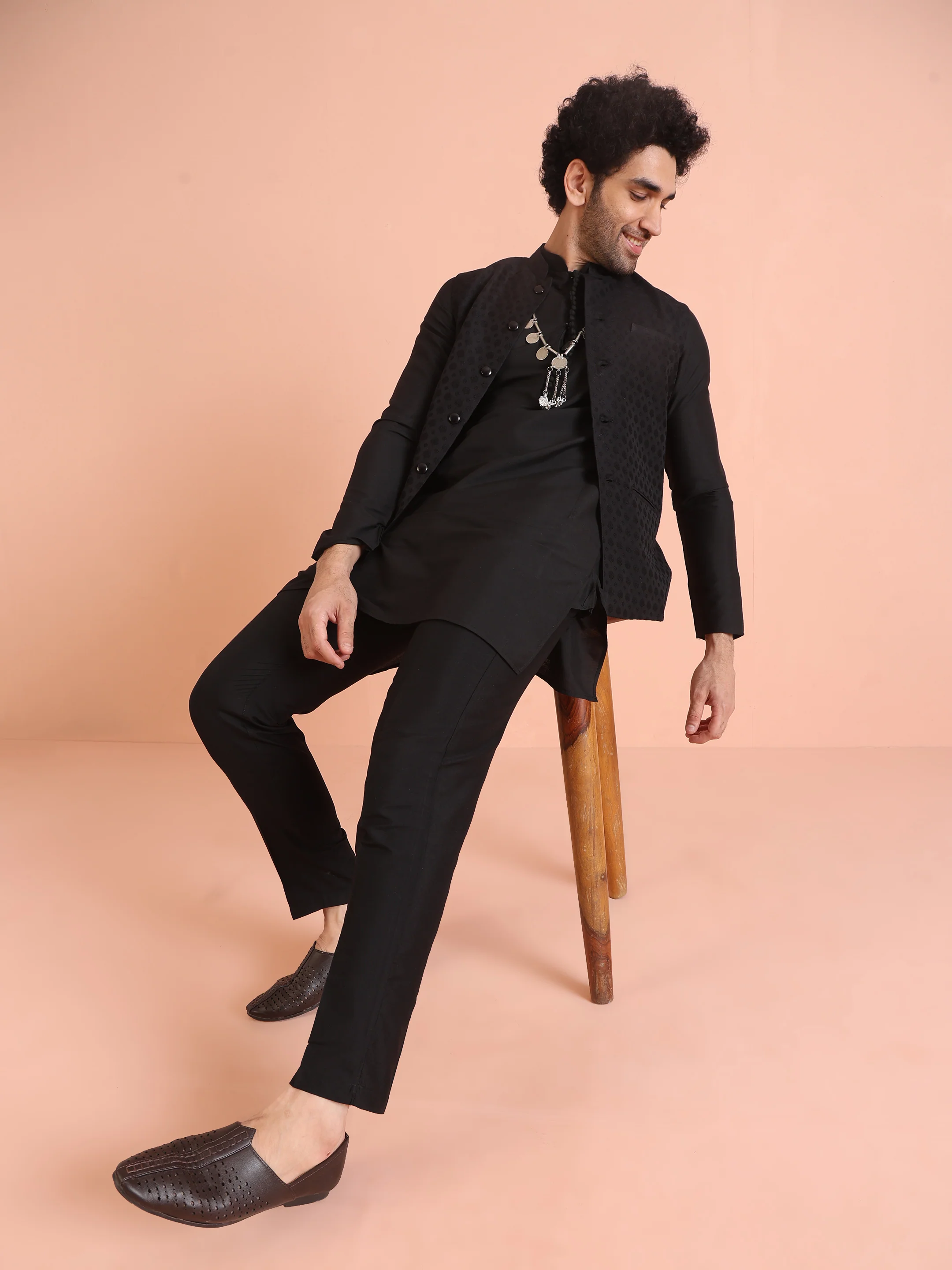 Black Silk Blend Textured Nehru Jacket - Image 3