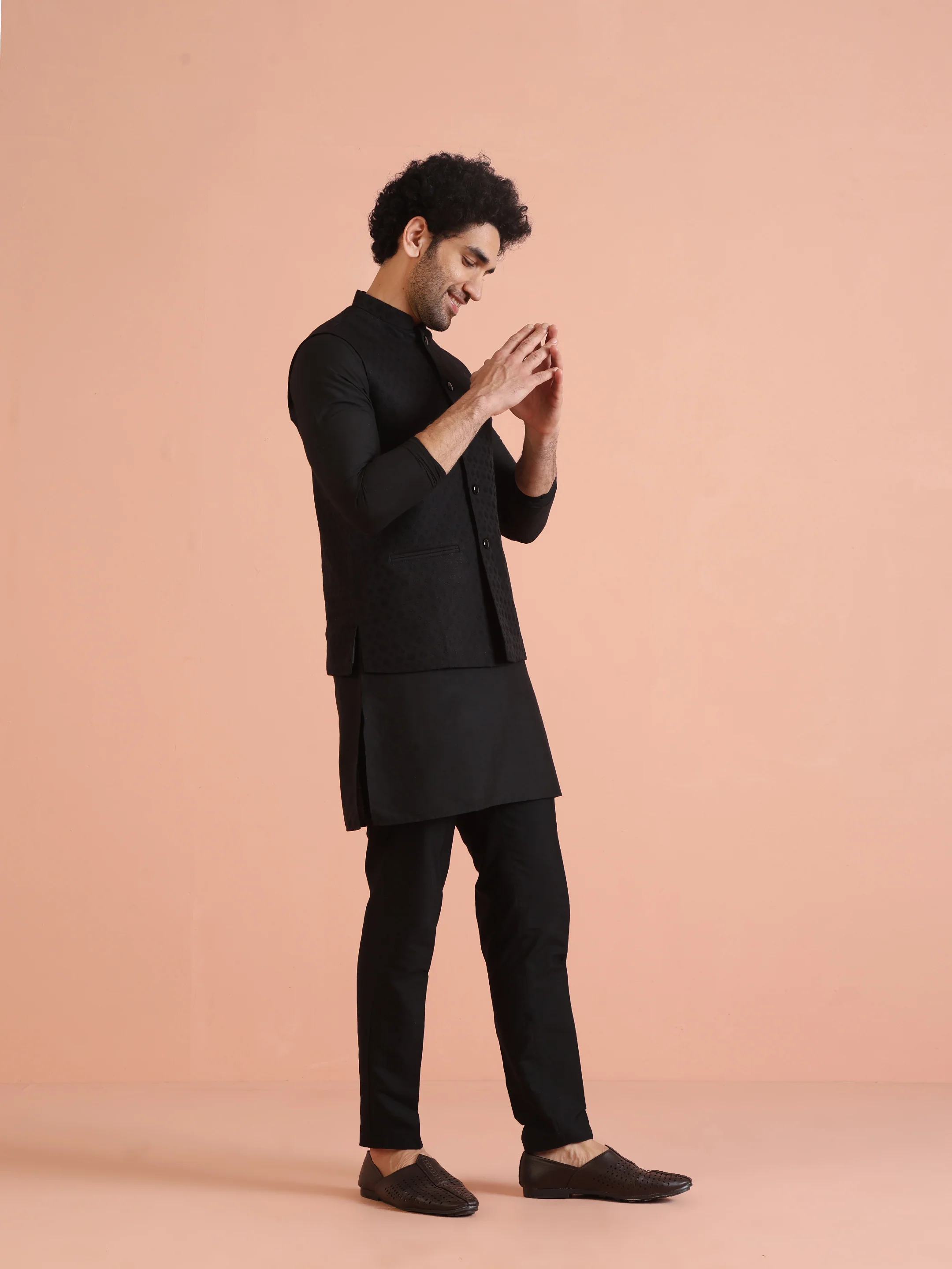 Black Silk Blend Textured Nehru Jacket - Image 4
