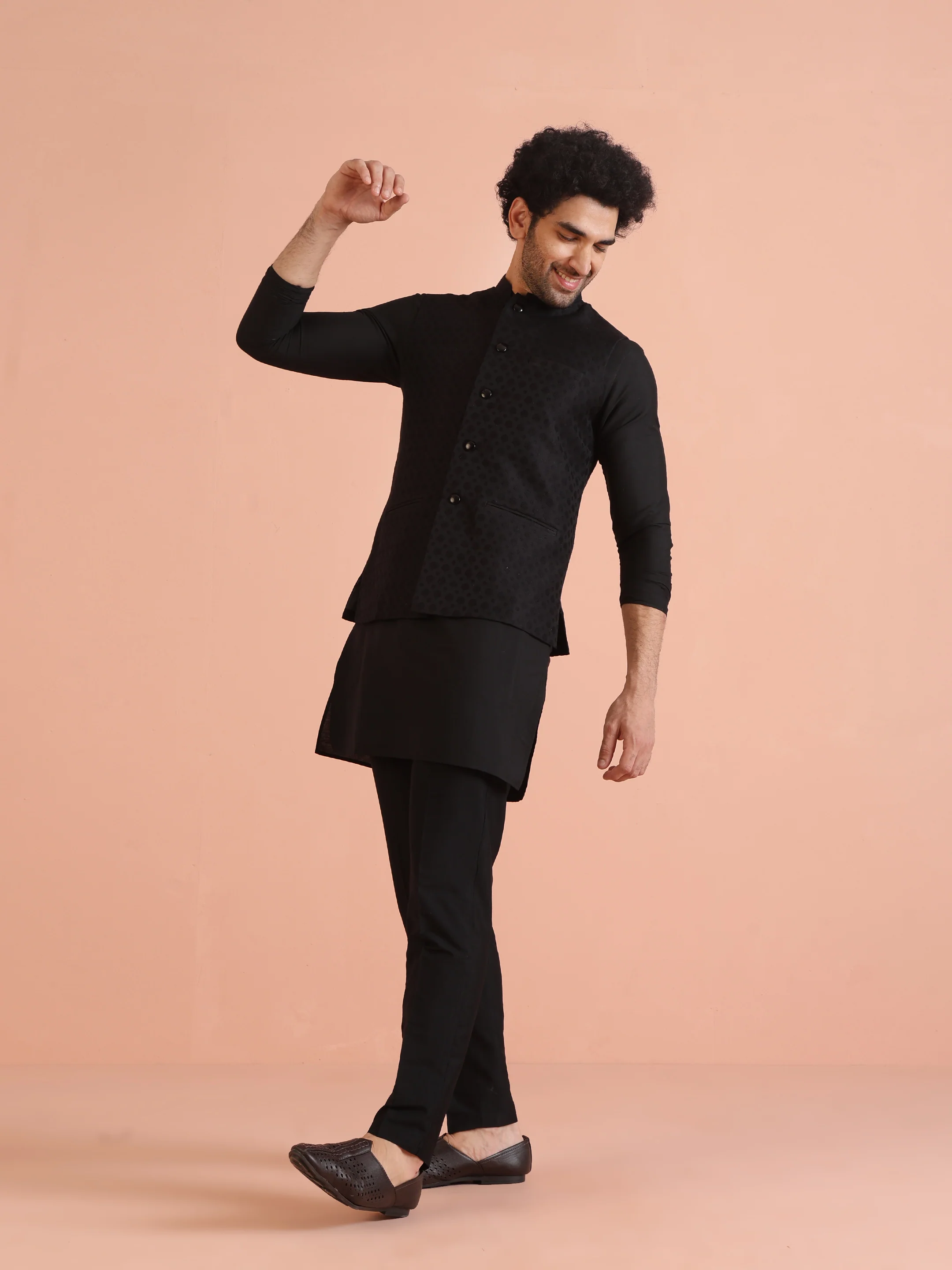 Black Silk Blend Textured Nehru Jacket - Image 5