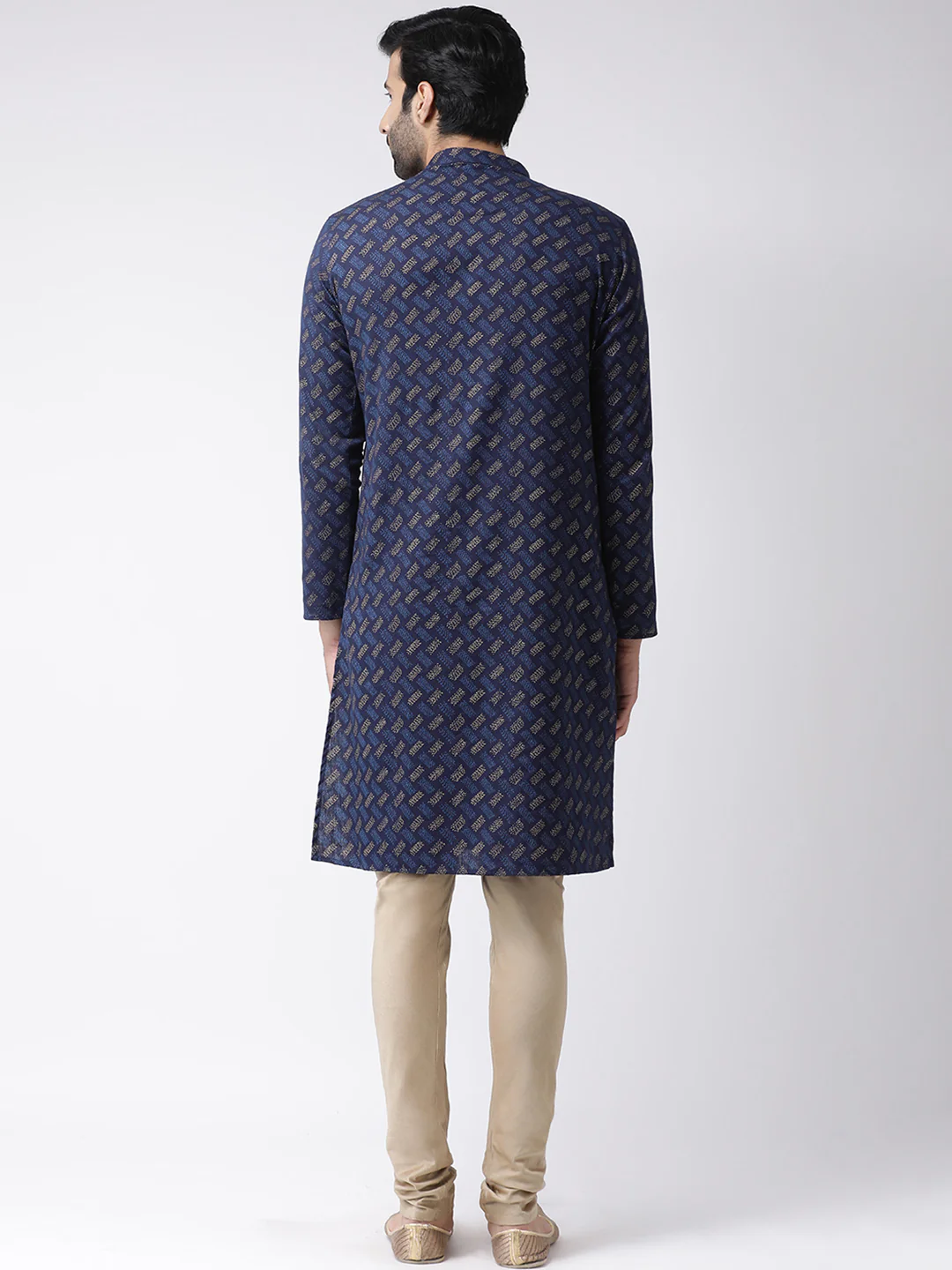 Blue Cotton Silk Printed Kurta with Beige Churidar - Image 3