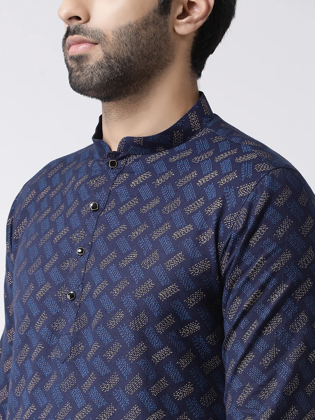 Blue Cotton Silk Printed Kurta with Beige Churidar - Image 4