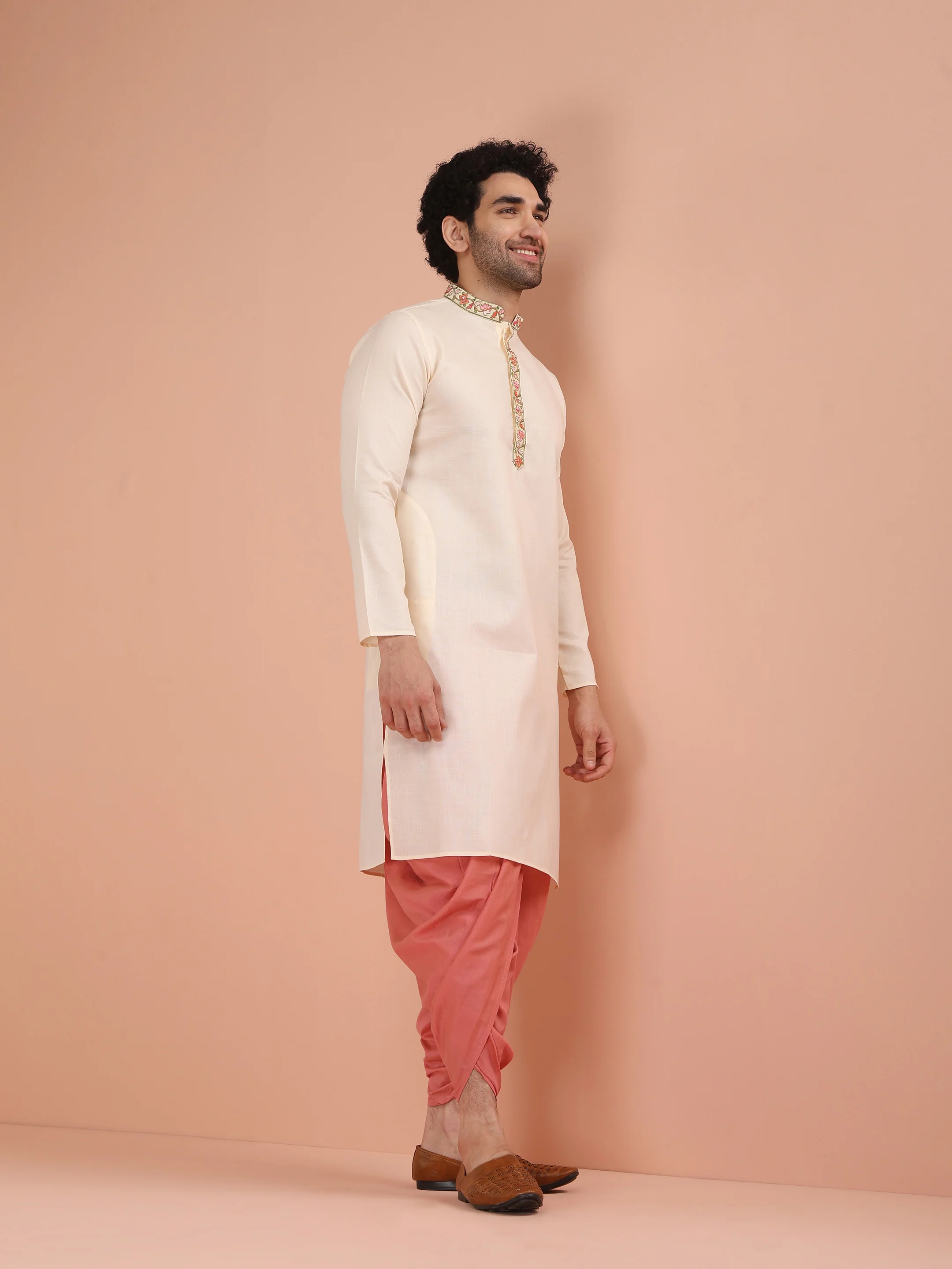 Cream Kurta with Embroidered Placket - Image 2