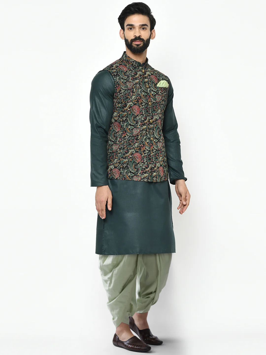 Multi-Coloured Cotton Silk Printed Nehru Jacket Kurta Dhoti - Image 2